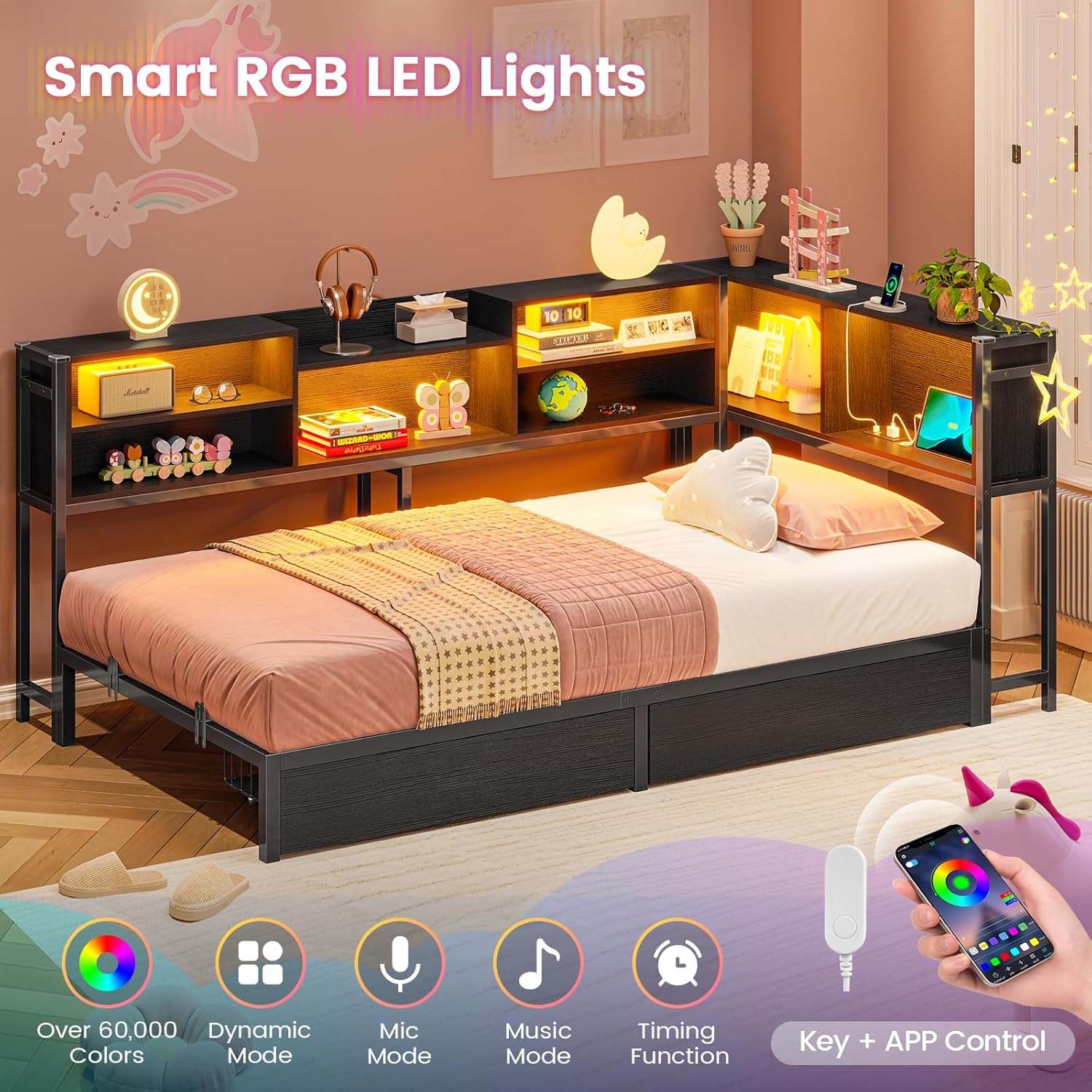 Hasuit Corner Bed Frame Twin with 2 Drawers and Storage Bookcase, Daybed with Charging Station and LED Lights, Metal Platform Bed with Bookshleves,Twin Size Bed Frame for Kids Teens Guests, Black