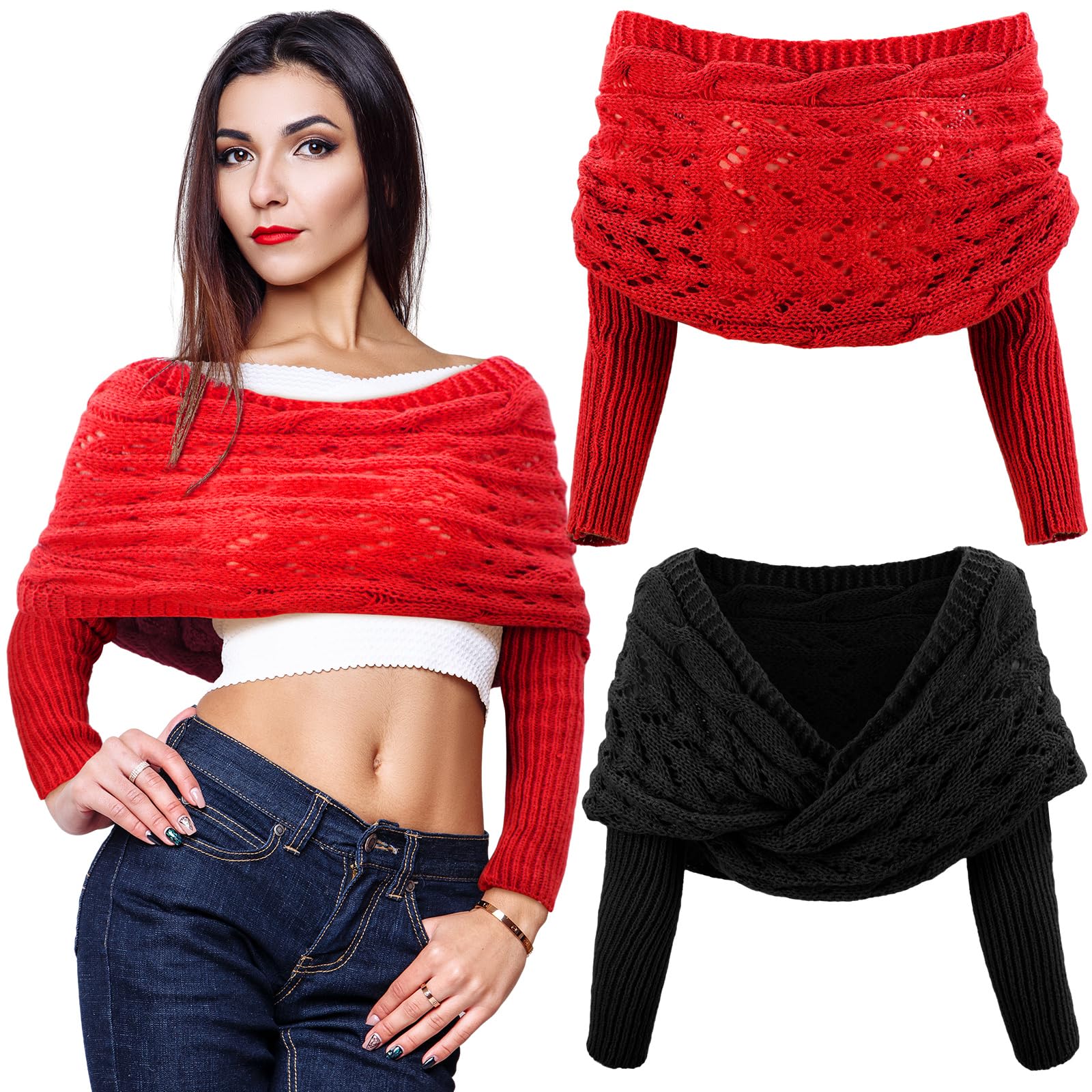 Geyoga 2 Pcs Scarf with Sleeves for Women Knitted Wrap Sweater Scarf with Sleeves Shrugs for Women Wrap Shawl