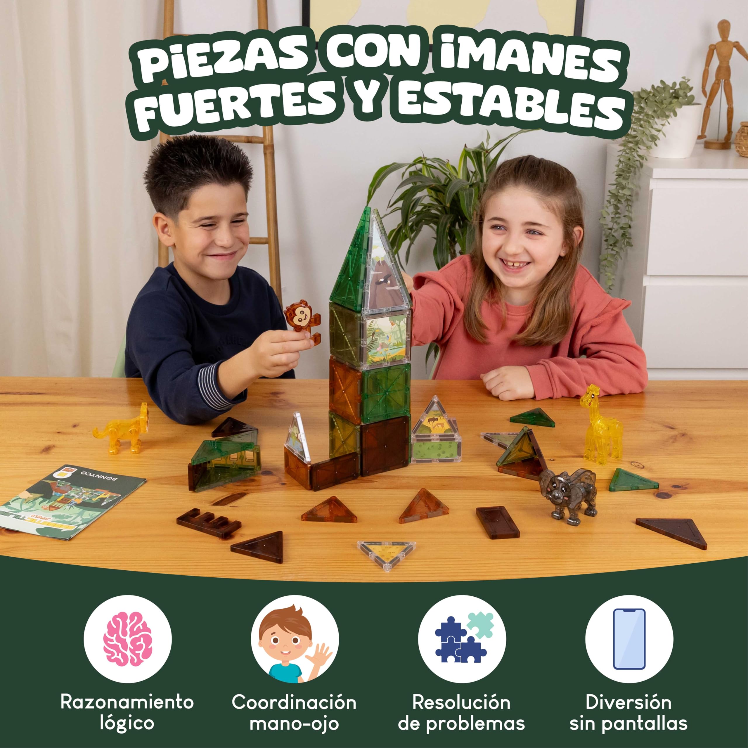 BONNYCO Bloques Magneticos Construccion Niños con Figuras de Animales 50 Pcs. Construcciones Magneticas Niños con Ilustraciones, Regalo Infantil. Juguetes Educativos 3 4 5 6 7 8 10 Años Navidad
