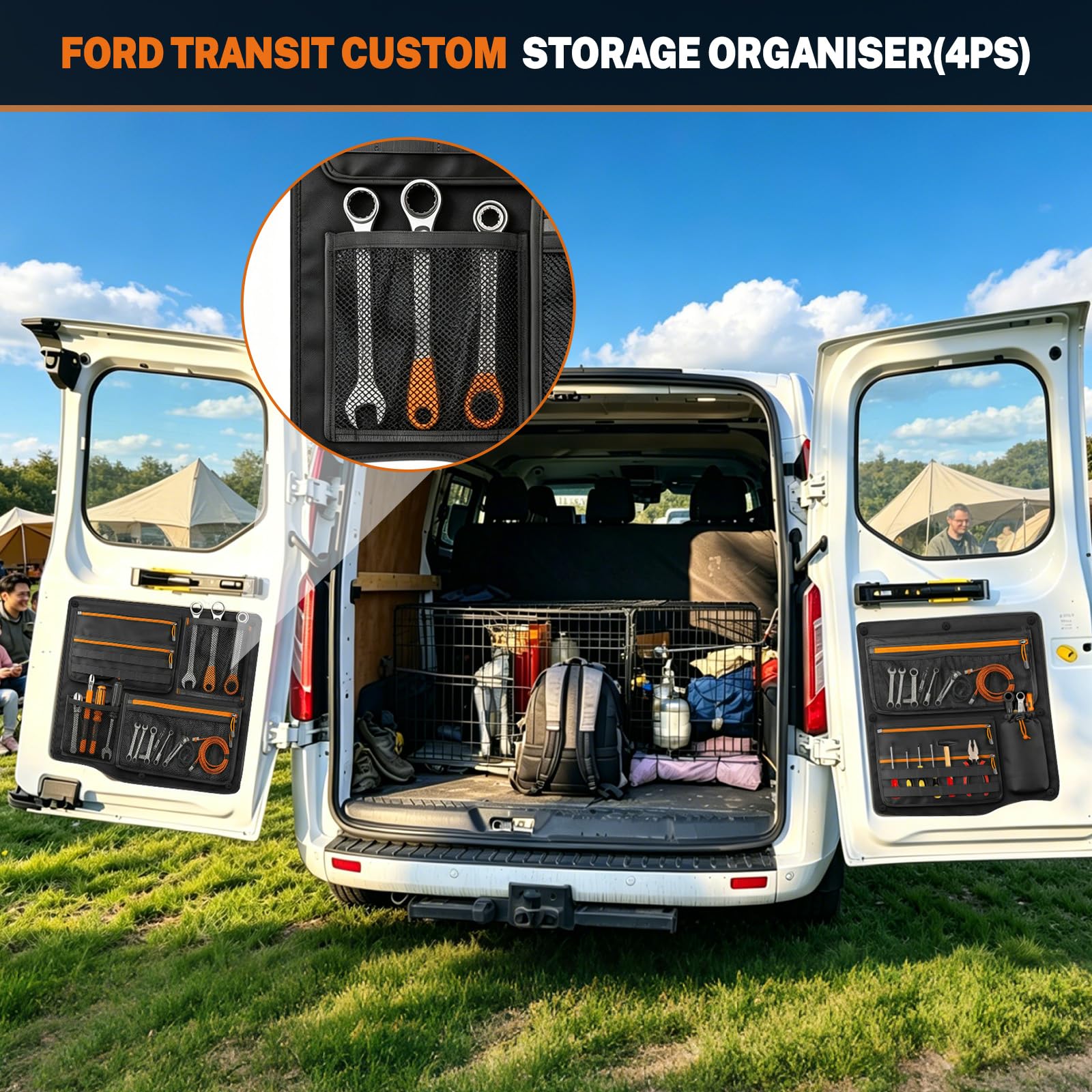 4PCS Bolsas de Almacenamiento compatibles con Ford Transit Custom 2006-2023, Organizador de Bolsas para Puerta Trasera, Poliéster 1680D
