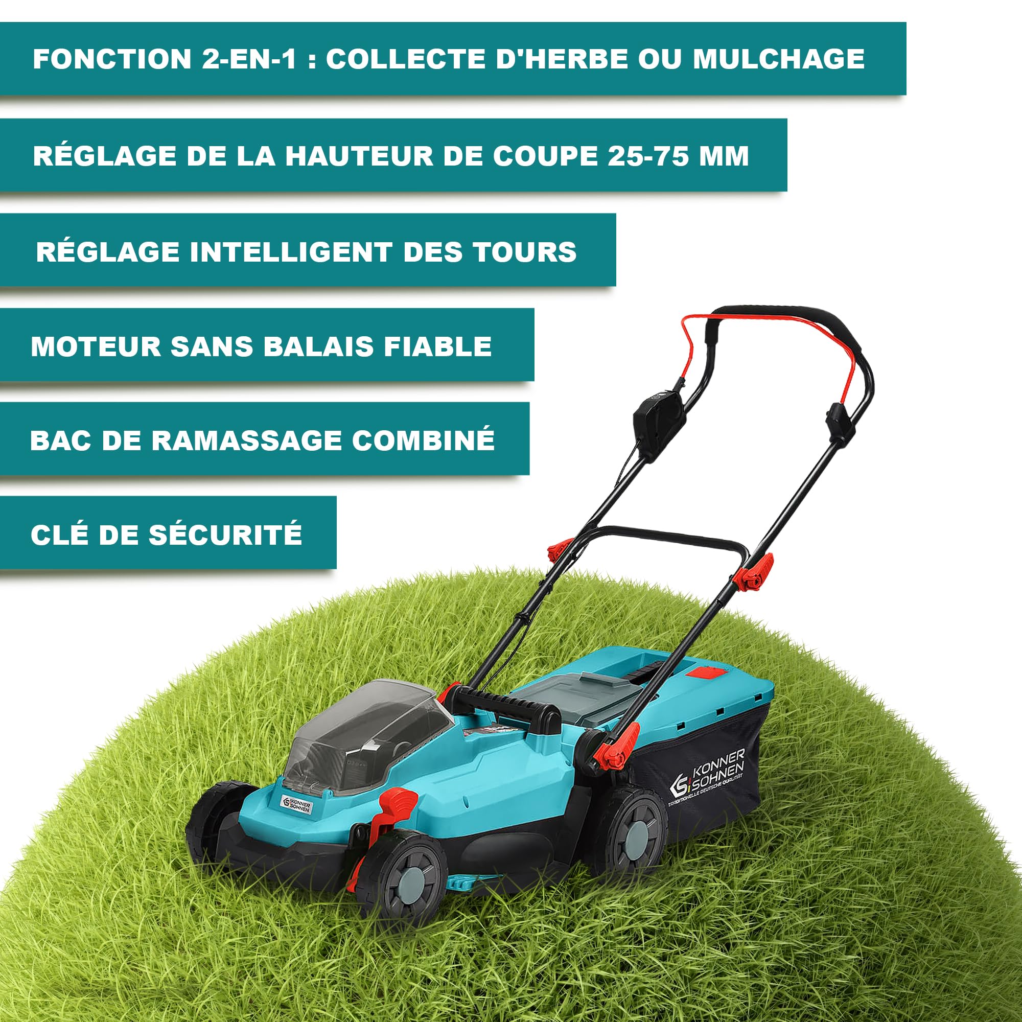K&S Könner&Söhnen KS 33LM-20V Tondeuse à Batterie, Tension 20 V, Vitesse à Vide 3200 TR/Min, Largeur de Coupe 330 mm, Hauteur de Coupe 25-75 mm, 5 Positions, Panier à Herbe 30 l, Fonction de Mulching