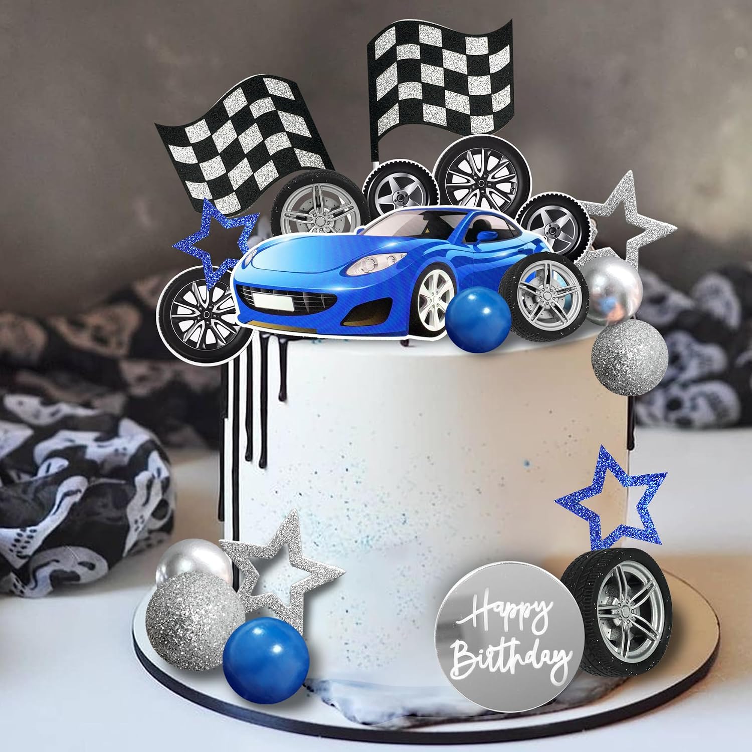 28 PCS Blue Racing Wheel Cake Topper Tyre Cake Decorations for Race Car Theme Birthday Cake Decorations (02)