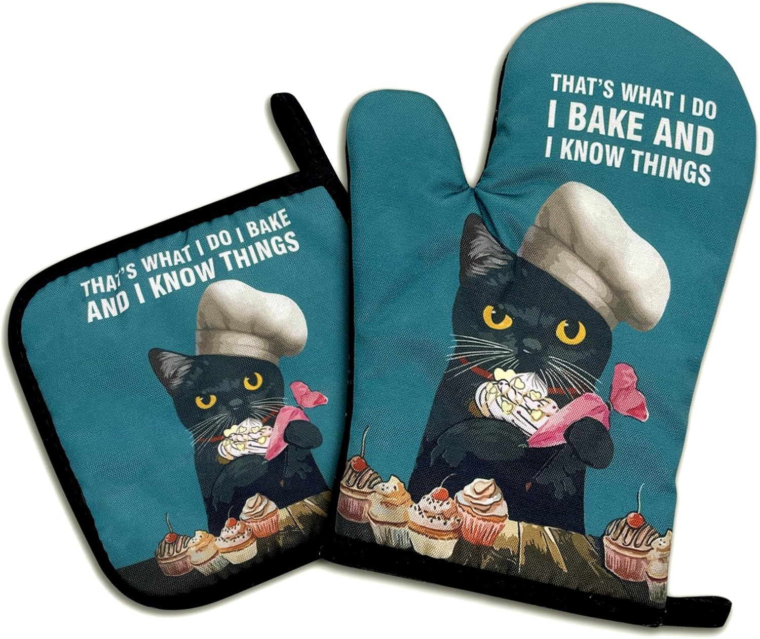 That's What I Do I Bake and I Know Things,Funny Oven Mitts and Pot Holders Sets of 2,Silicone Non-Slip Oven Mitts,Cat Kitchen Gift,Cooking Baking BBQ Gifts,Cat Oven Mitts,Cat Lover Gift