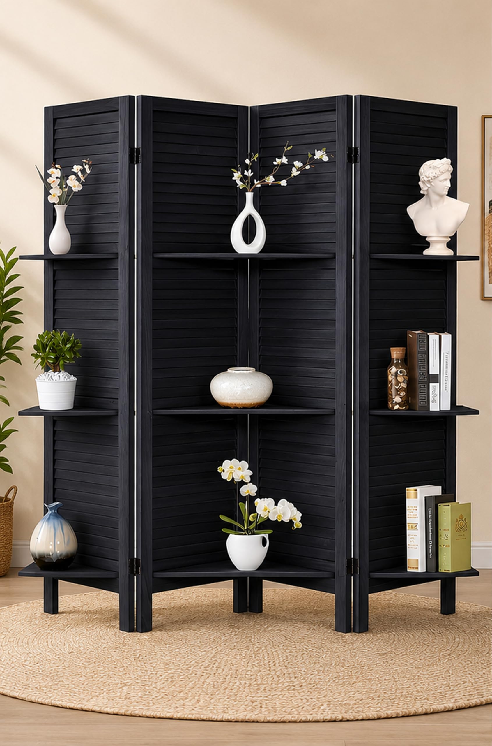 Room Divider Partition with Display Shelves | 4 Panel Folding Privacy Screen | Freestanding Decorative Separator for Living Room, Bedroom, Office & Home Decor (Black)-image-20