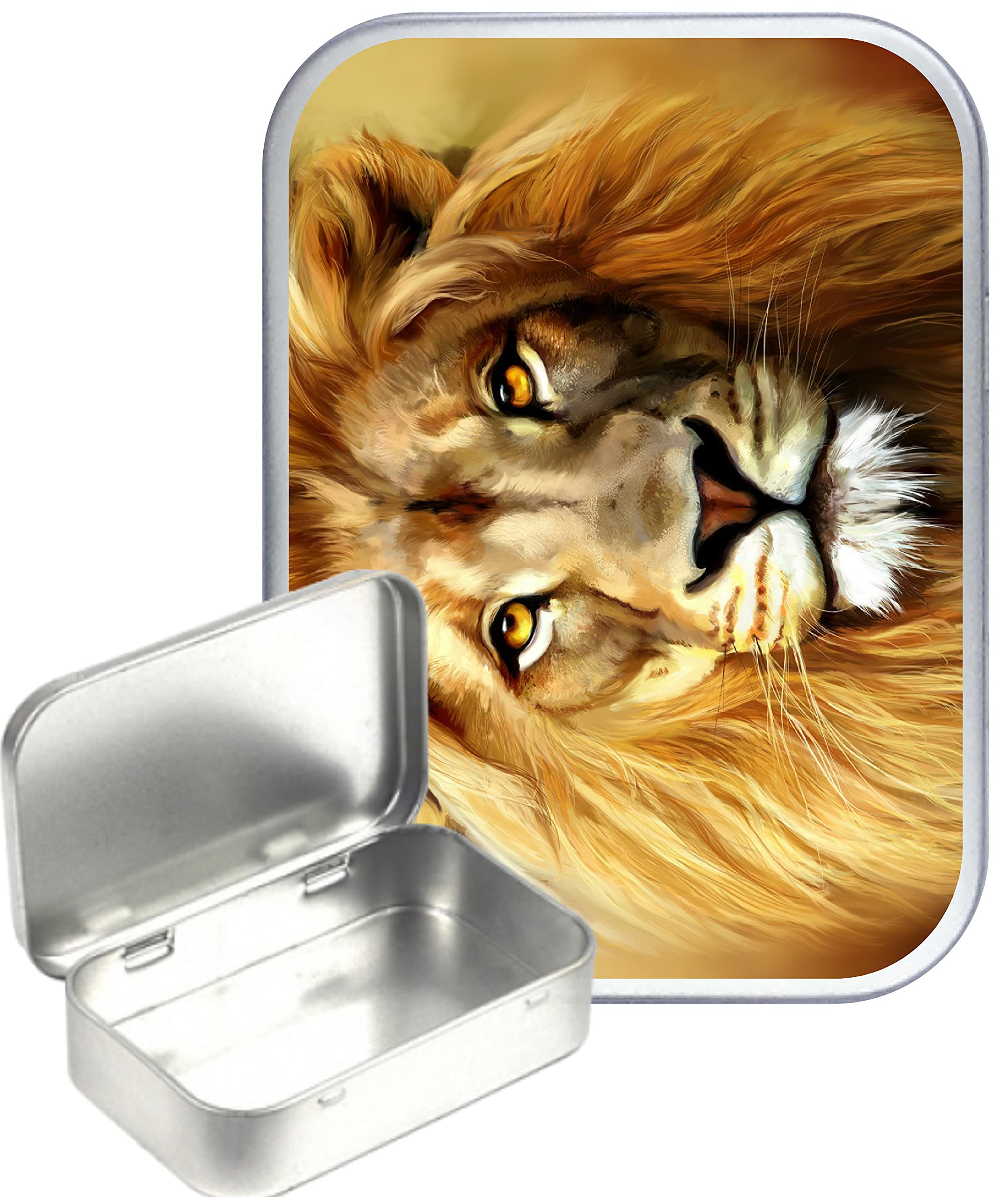 Teez Silver Lion Face Hinged Tin,Small 30Ml Tin, Pill Tin, Pocket Tin, Gift Box, 1Oz Tobacco Tin
