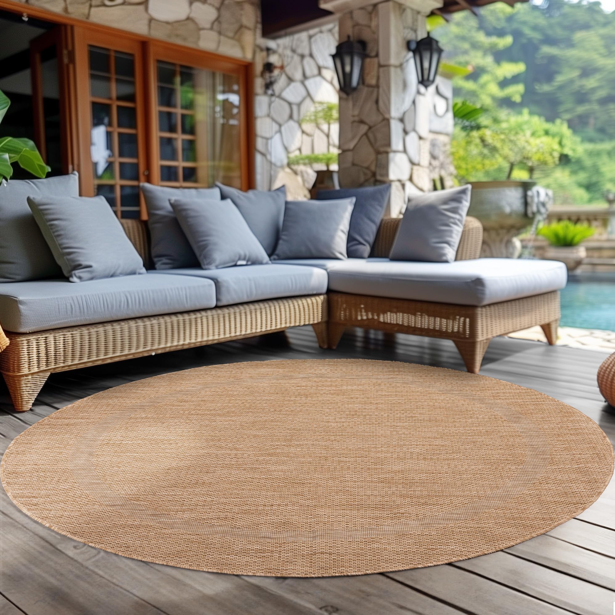 Tapis extérieur rond anti-humidité beige 120cm pour terrasse sans moisissure