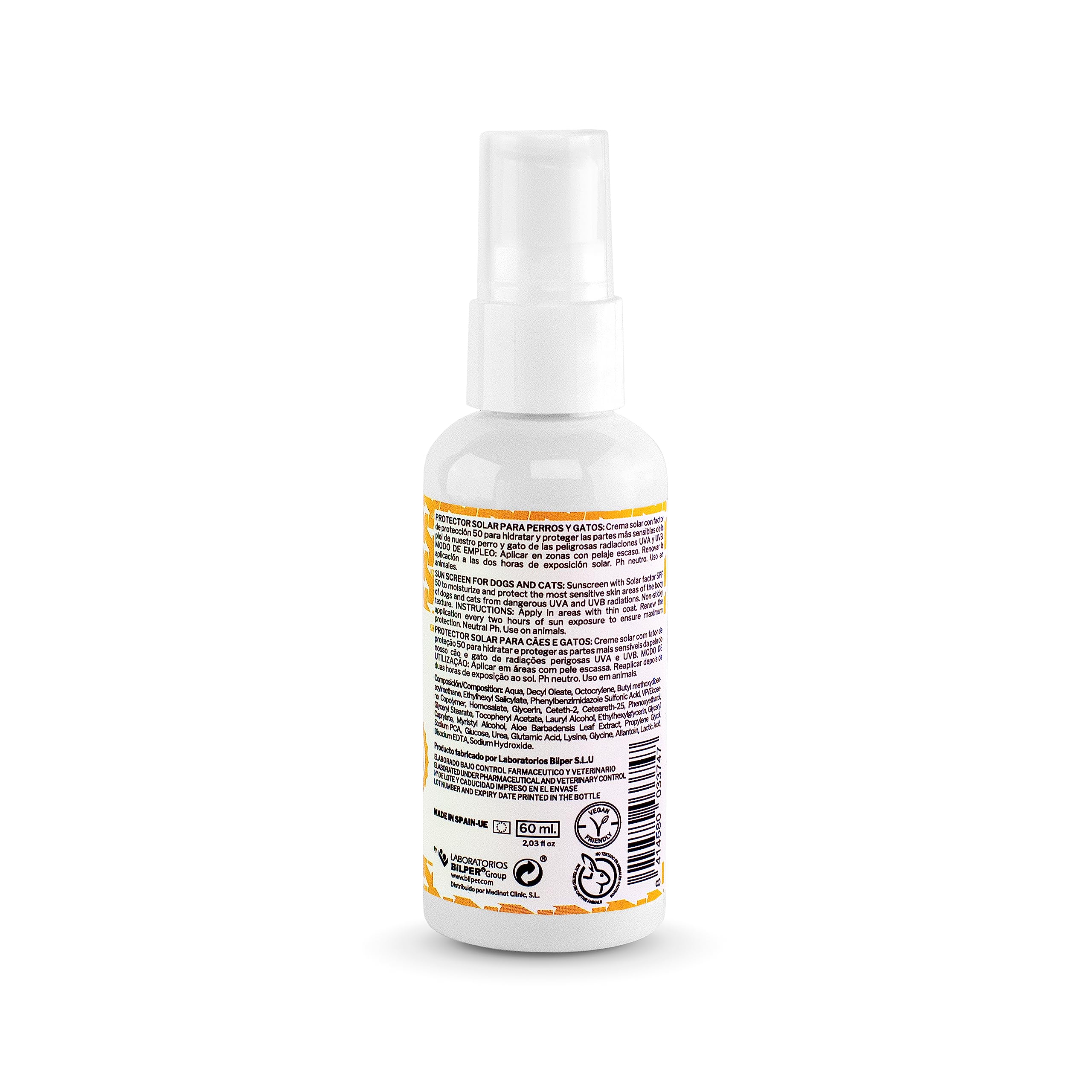 Protector Solar 50 para Perros y Gatos - 60 ml - Máxima Protección Solar - Resistente al Agua - Hidrata y Protege - pH Neutro
