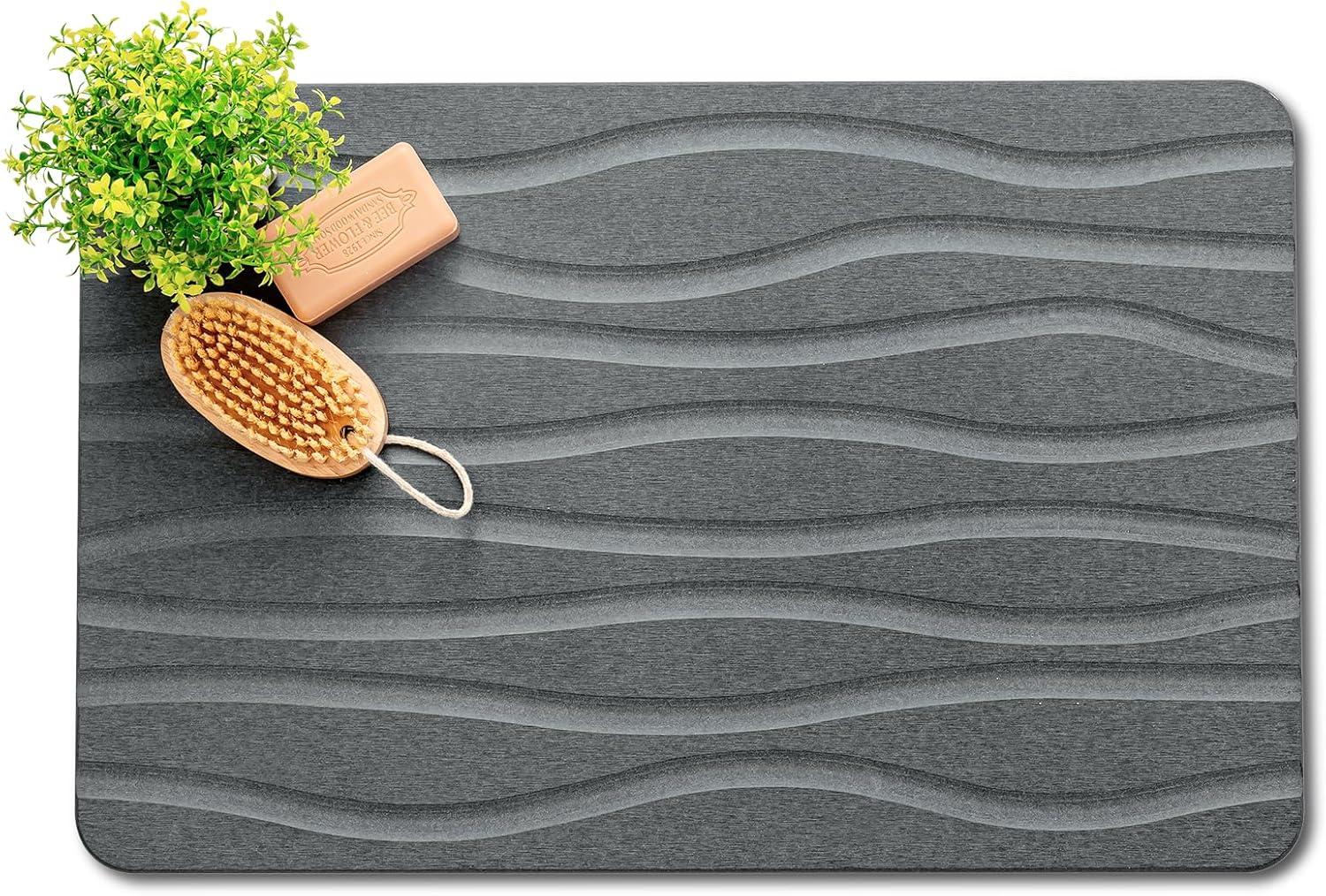 Stone Bath Mat, Non-Slip Natural Diatomaceous Earth Bath Mat, 23.5" x 15.5" Super Absorbent Quick Drying, Multifunctional Bath Stone Mat, Dark Gray-Streak