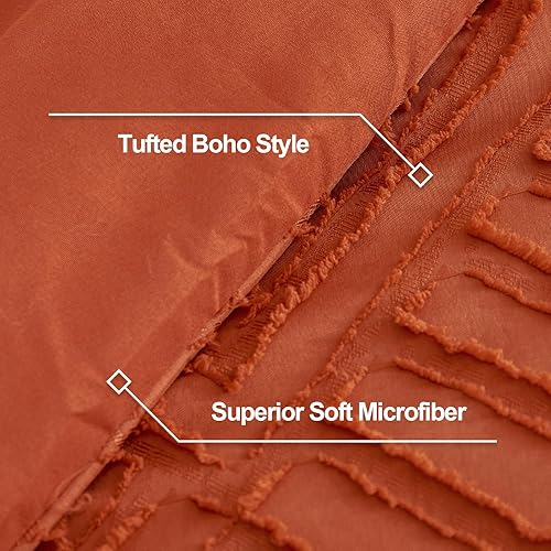 Miniatura 6 de Litanika Juego de edredón tamaño Queen color naranja quemado, juego de edredón bohemio de 3 piezas, juego de ropa de cama rústico copetudo