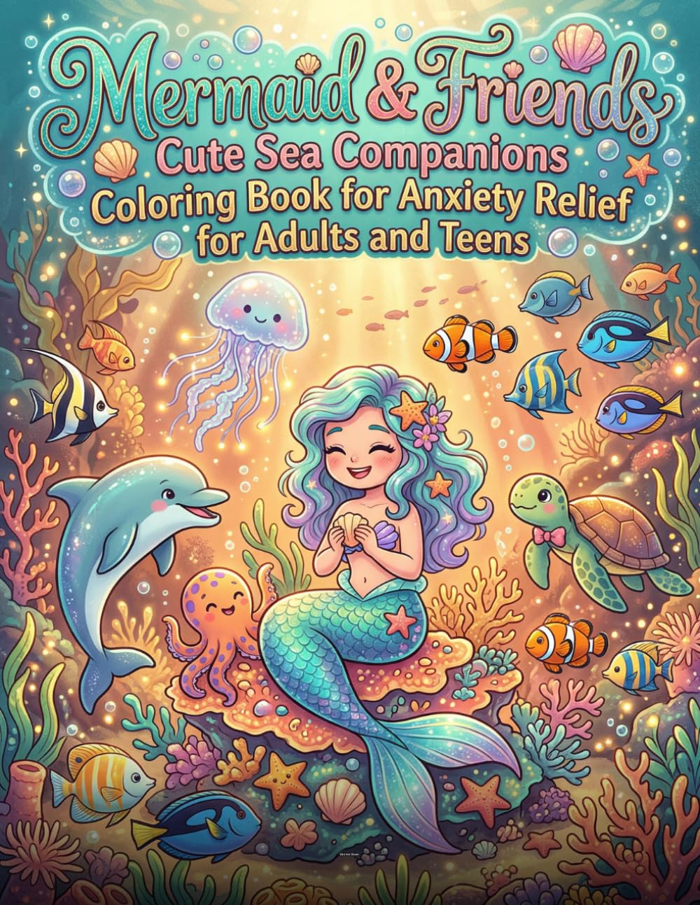 Mermaid & Friends: Cute Sea Companions Coloring Book for Anxiety Relief for Adults and Teens: 20 Adorable Kawaii Scenes of a Mermaid with Ocean Animals for Stress Relief and Relaxation