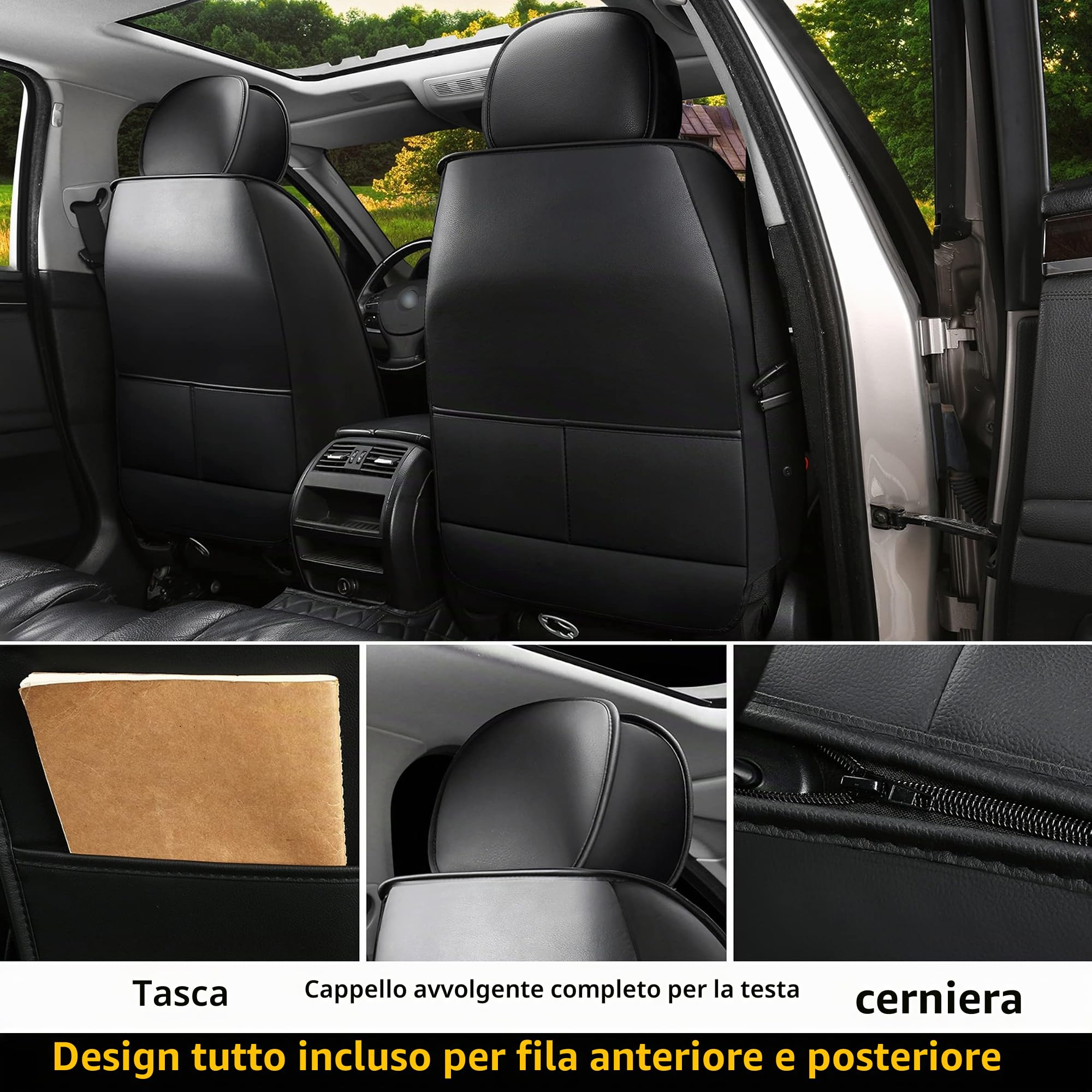 Coprisedili Auto In Pelle Set Completo, Coprisedili Auto In Pelle Universale,Coprisedili Auto Per La Maggior Parte Delle Berline, Suv (Set Di 5 Pezzi) (Nero, Set Completo)
