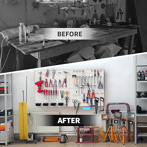 Miniatura 10 de Pegboard Smith Kit de tablero de clavijas de metal negro de 48 x 24 pulgadas para organización de pared con ganchos, contenedores de almacenamiento