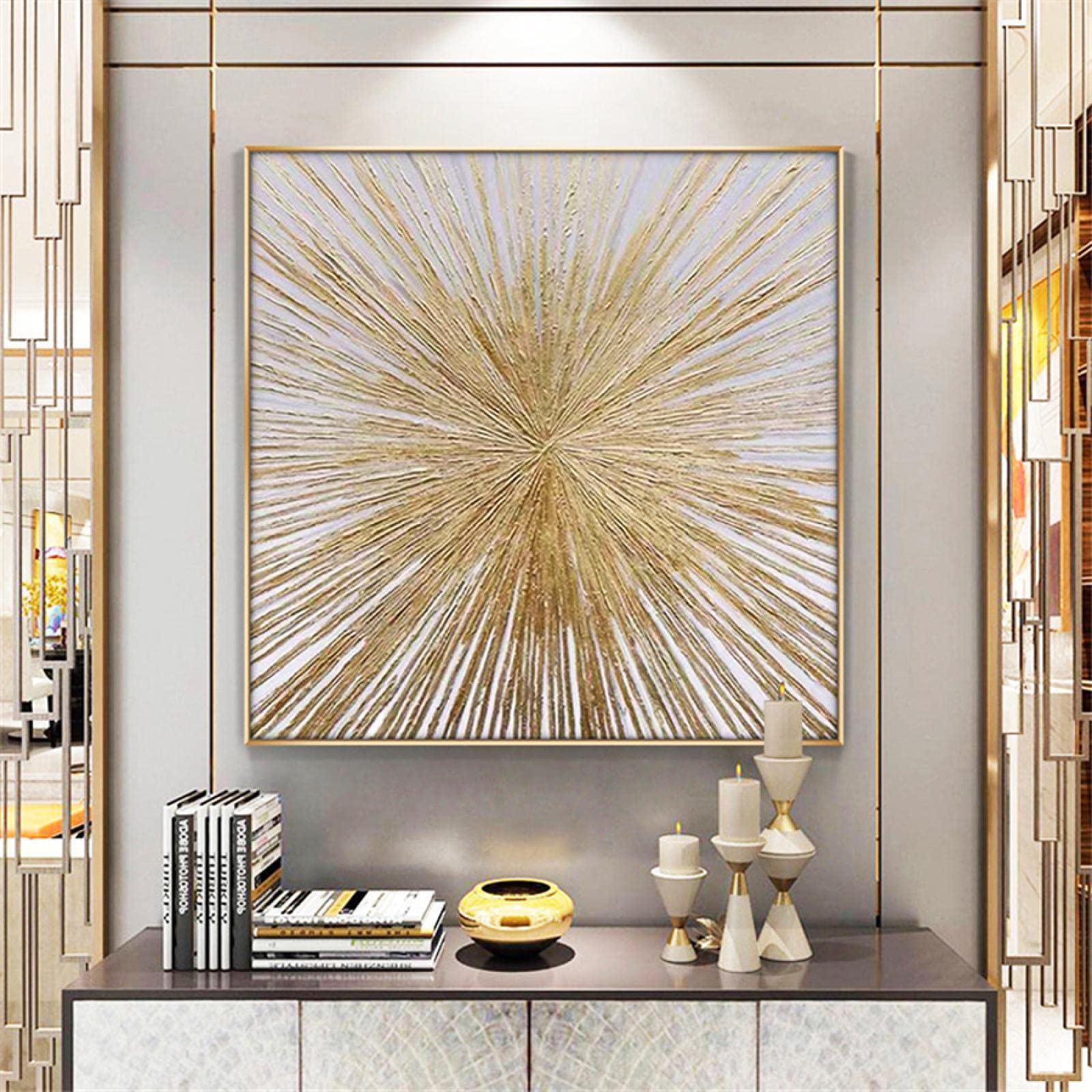 Jianghu Art With Frame Canvas Print Concave Textured Oil Painting On Canvas Gold Lines Wall Art Abstract Brilliant Golden Sunshine Office Picture 80X80cm(31X31in)