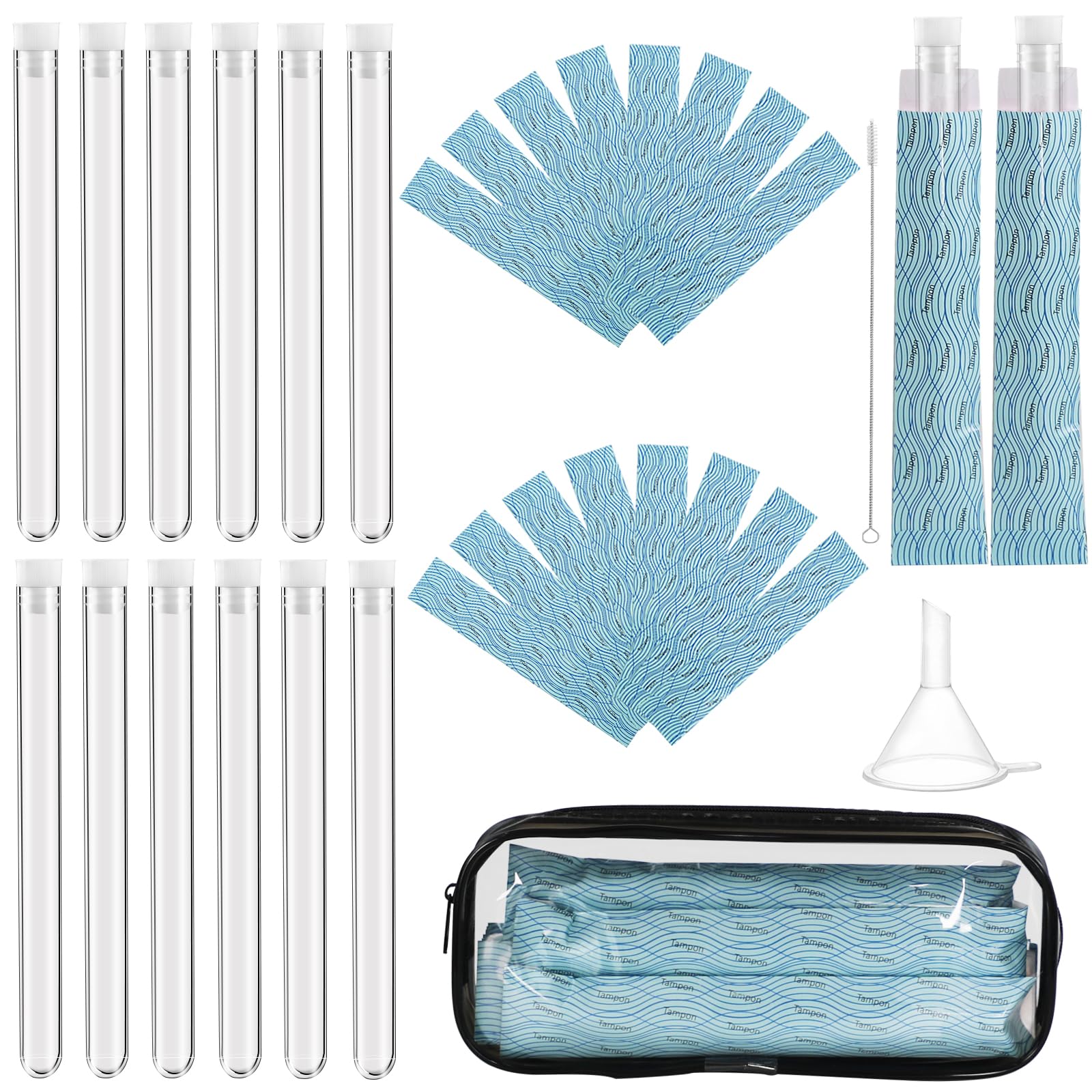 39 Pcs Tampon Tube Flasks Set for Women Includes 12 Reusable Plastic Flasks for Girls, 24 Self Adhesive Wrappers, 1 Funnel,1 Clear Box, Flasks for Cruise Event, Concert, Outdoor Sports
