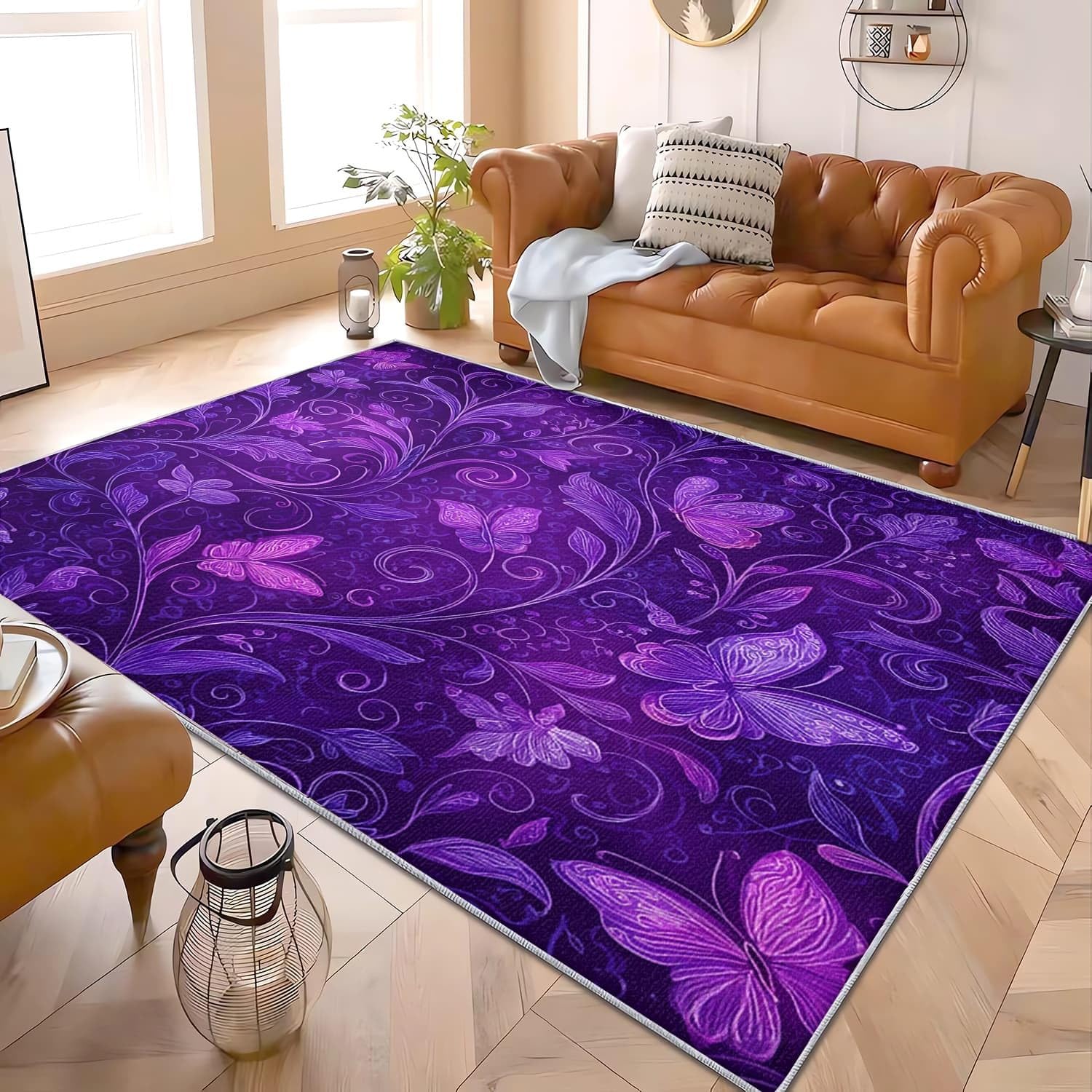 Dywan o dużych powierzchniach do sypialni, 120 x 180 cm, fioletowy, z niskim runem, do salonu, antypoślizgowy, można prać w pralce, fioletowy, wzór motyla, do kuchni, jadalni, korytarza, dekoracji