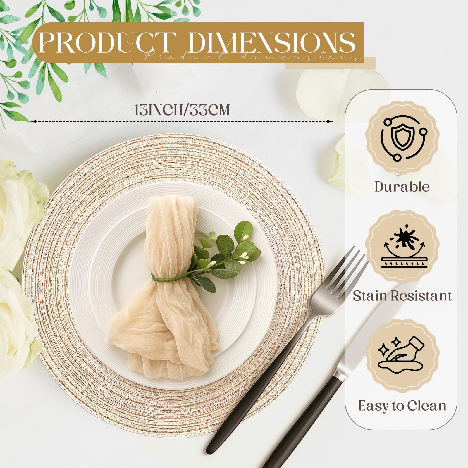 Geosar Lot de 100 sets de table ronds jetables en coton tissé aspect coton 33 cm pour décoration de table à manger, anniversaire, mariage, fête prénatale, banquet, thé (beige)
