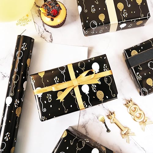 Miniatura 2 de Rollo de papel de regalo de cumpleaños, papel de regalo negro mate y dorado para mujeres, hombres, niños y niñas, diseño de globo de lámina dorada,