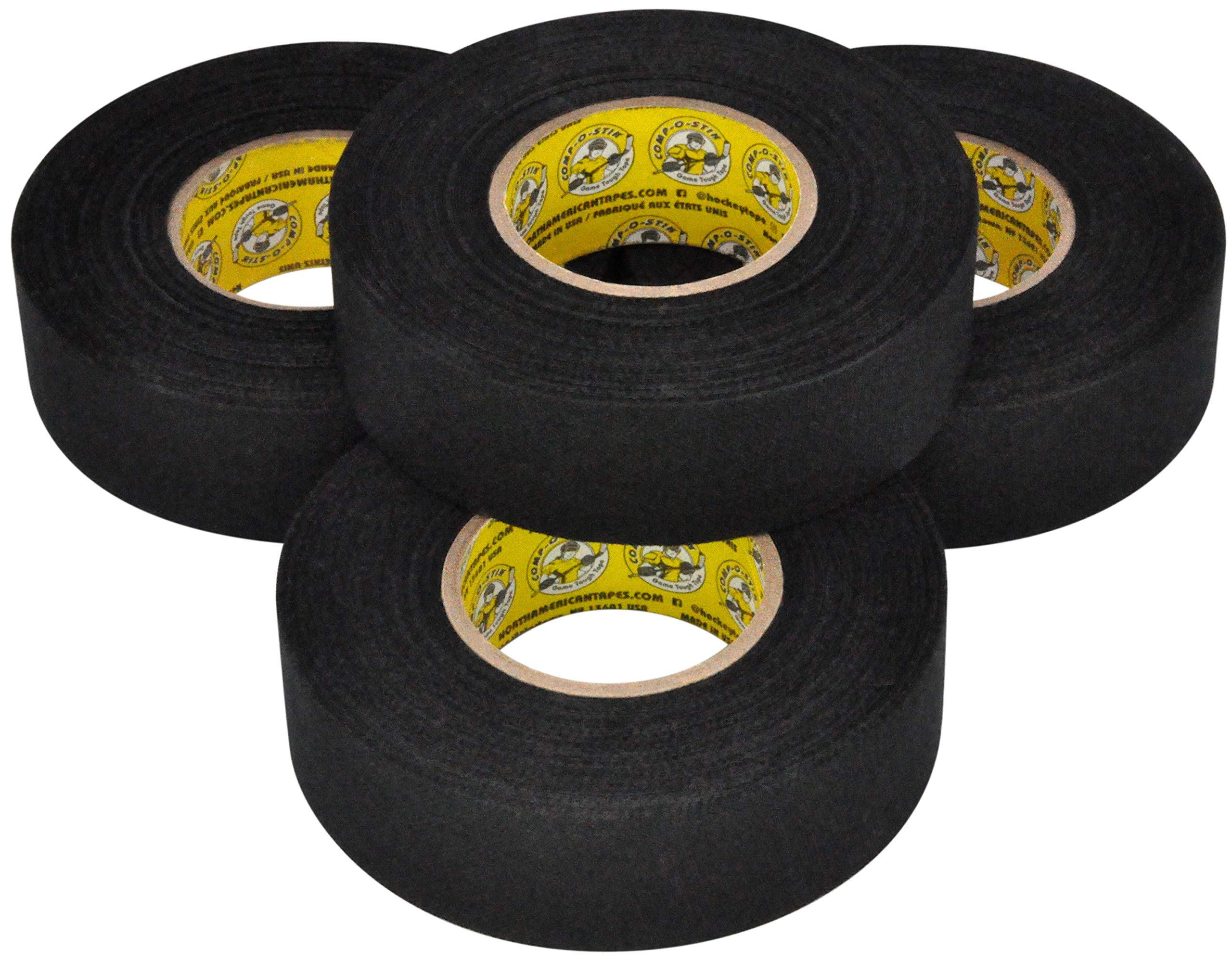 Hockey Tape Black for Sticks and Grips, Multi-Purpose Strong Durable Cloth Tape, COMP-O-STIK 4 Pack 24MM X 18M, Easy to Stretch and Tear, Exceptional Performance, Minimal Adhesive Residue