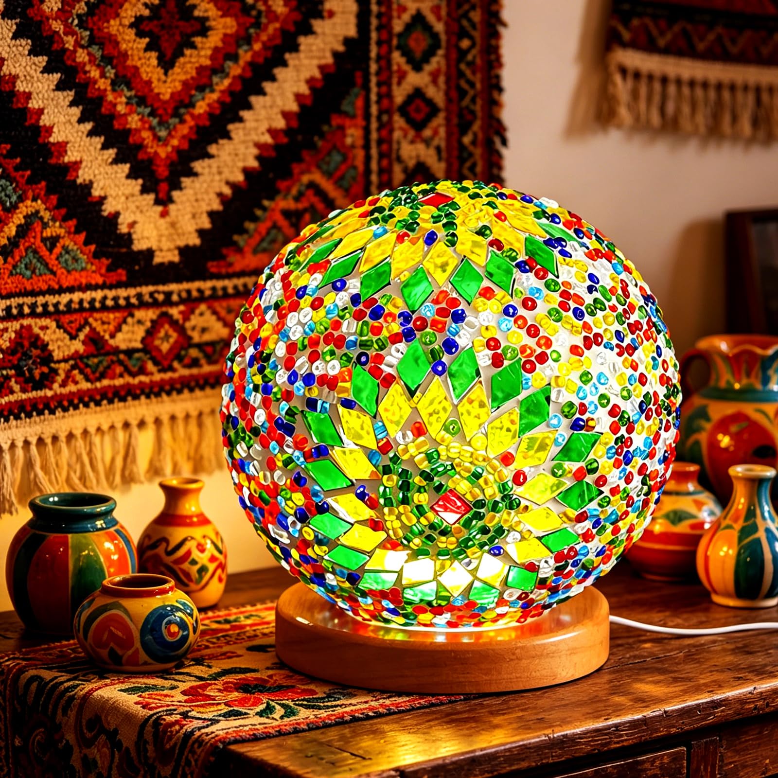 shulovehua Turkish Table lamp (D:4.7" x H:5.2"),Mosaic Glass Lamps with Wooden Base National Style Studio USB Power Moroccan Lantern for Living Room Halloween Decorations (Boho-Green, Boho)