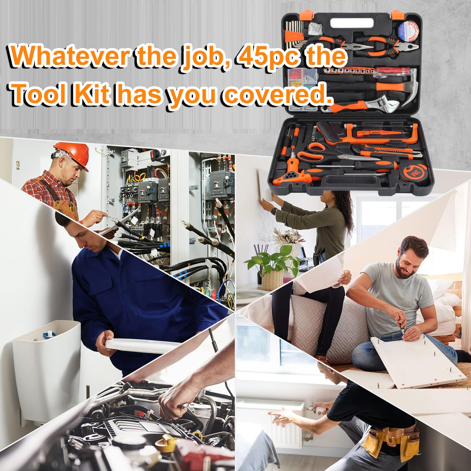 Kit di Attrezzi per la casa da 45 Pezzi, Set di Attrezzi manuali in Cassetta degli Attrezzi a sbalzo in Acciaio, Portatile per bricolage, Strumenti Multiuso per Uomini e Donne, Tuttofare