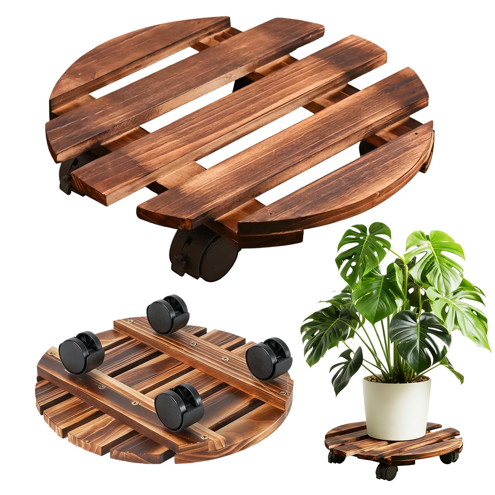 Tel Charme * 2-Pack 30cm Wooden Plant Stand with Locking Wheels, Heavy Duty Round Rolling Plant Caddy for Indoor Outdoor Flower Pots, Patio Furniture, Mobile Storage Holder