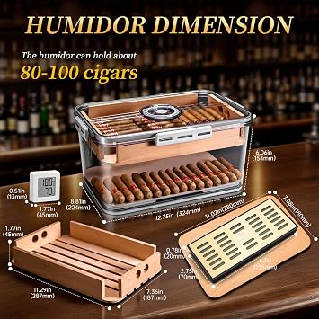Acrylic Cigar Humidor with Cedar Wood Tray, Humidifier & Hygrometer, Cigar Tupperdor Clear Airtight Cigars Container for 80-100 Cigars Large Capacity