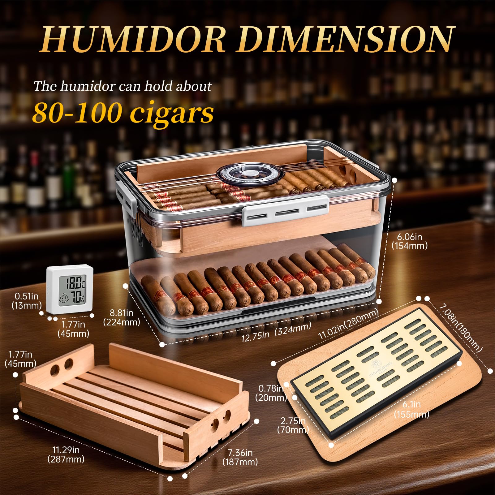 Ecojoy Cigar Humidor Case Box With Hygrometer Humidifier Divider And Spanish Cedar Wood Shelf For 20 30 Counts Great Gifts For Men Brown