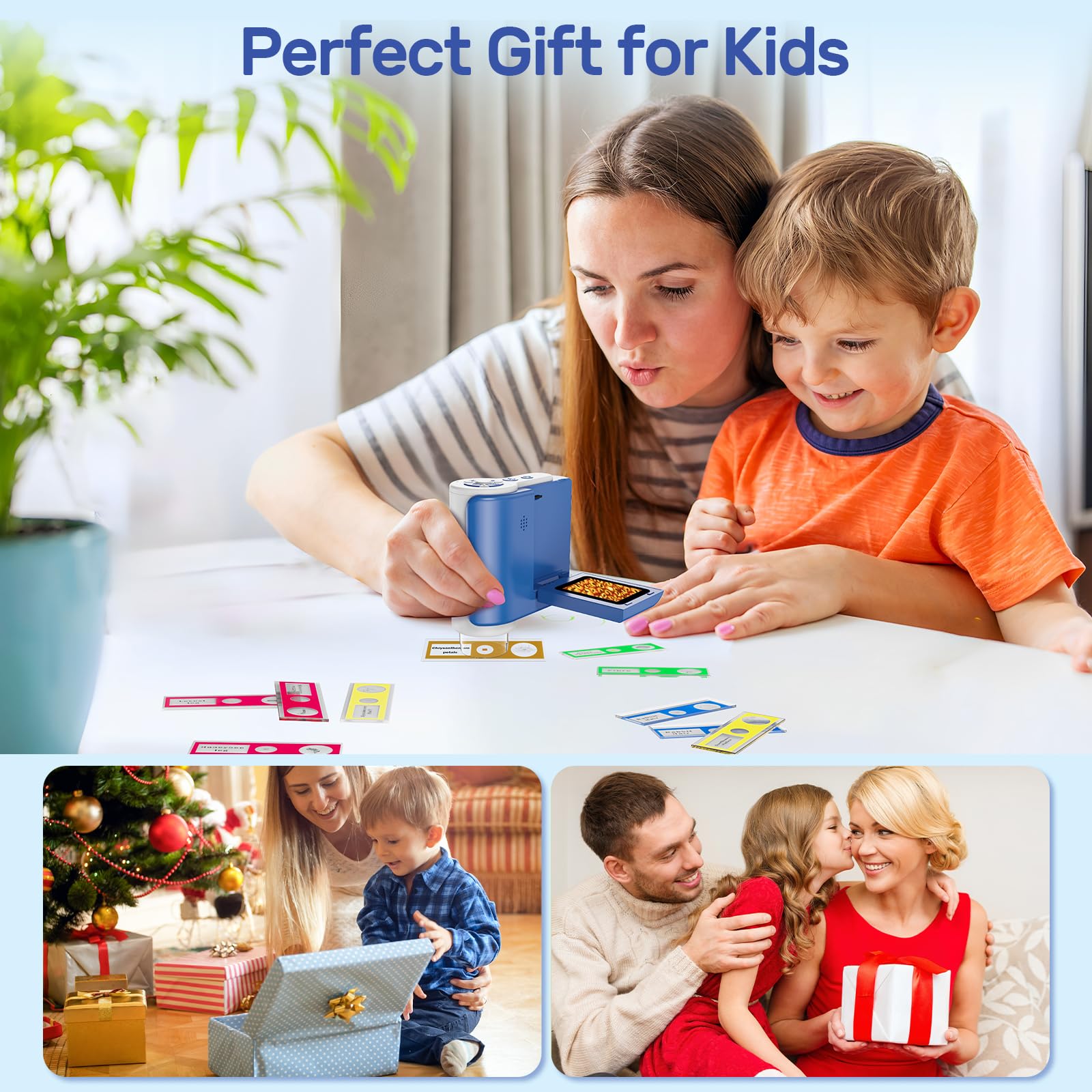 USCAMEL Digital Microscopio para Niños Portatil: 1000X Magnificación Pantalla 2.0" Microscopio Portatil Recargable - 6 Láminas Educativas Niños 5-12 Años - Jardín Casa Escuela - Regalo Chicos (Azul)