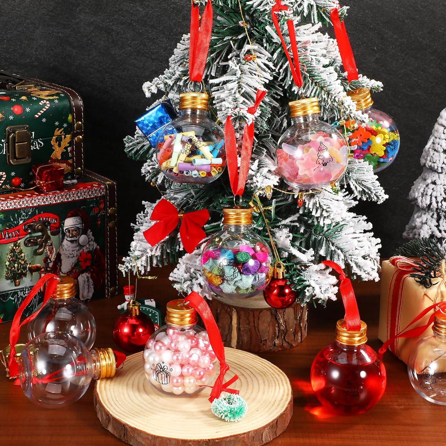 10 Pcs Christmas Drinking Bozze Balls: 100ML Fillable Drink Balls with Golden Lid and Red Rope - Plastic Xmas Tree Hanging Ornament for Holiday Party Indoor Outdoor Decor