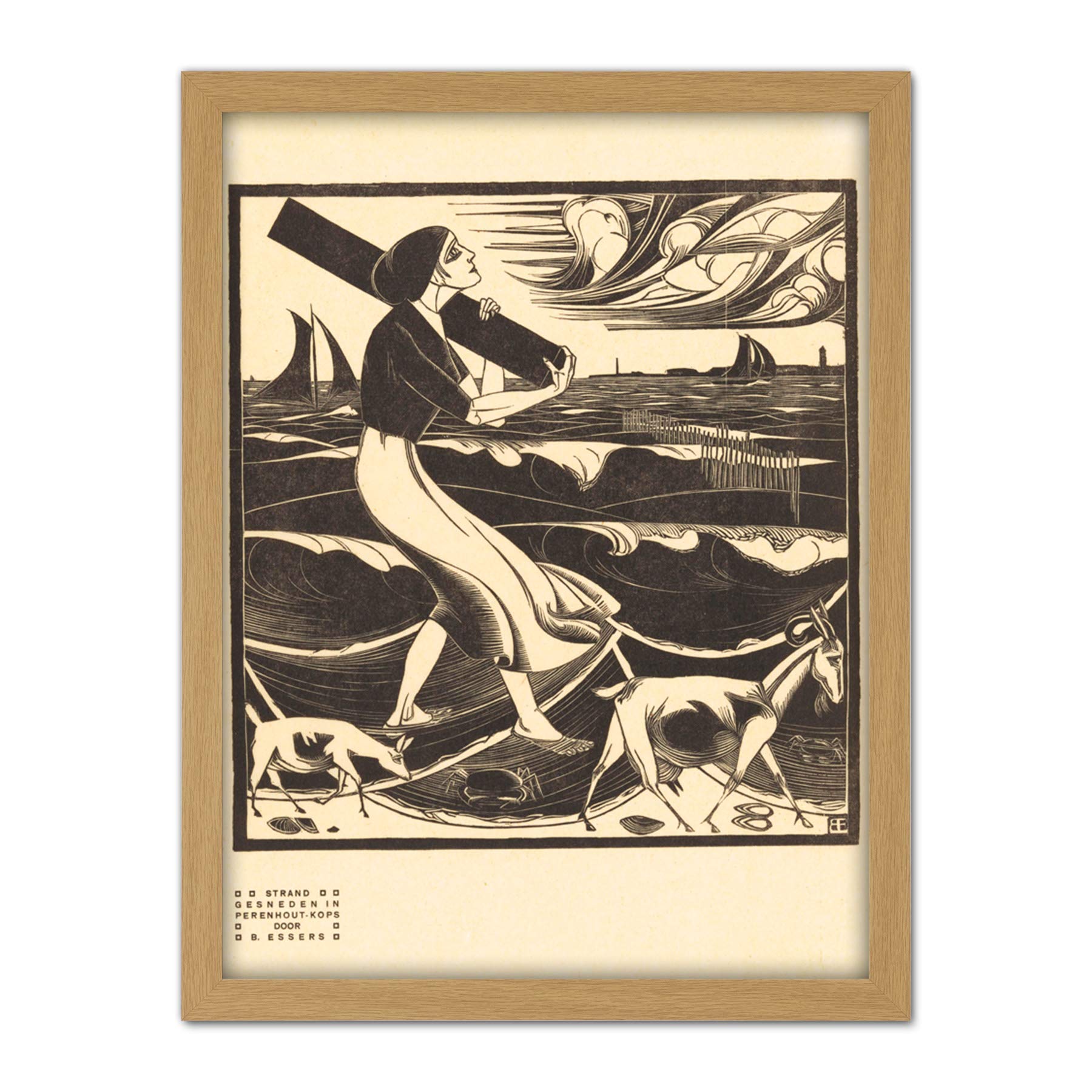 Artery8 Bernard Essers Beach Woman Goats Bw Seascape Artwork Framed Wall Art Print 18X24 Inch