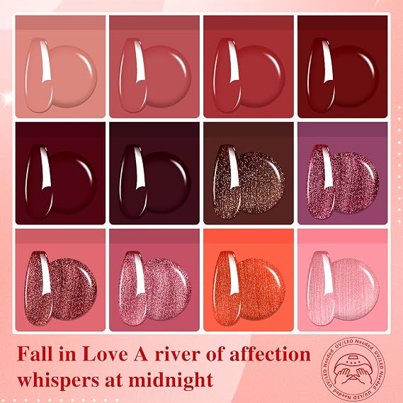 ABAC Popular Red Gel Polish Set,12 Colors Autumn Burgundy Glitter Red gel Polish Kit Pigeon Blood Soak Off Nail Art Decorations DIY Home Salon Gifts for Women Girls