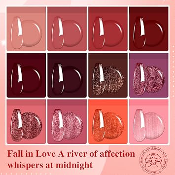 ABAC Popular Red Gel Polish Set,12 Colors Autumn Burgundy Glitter Red gel Polish Kit Pigeon Blood Soak Off Nail Art Decorations DIY Home Salon Gifts for Women Girls