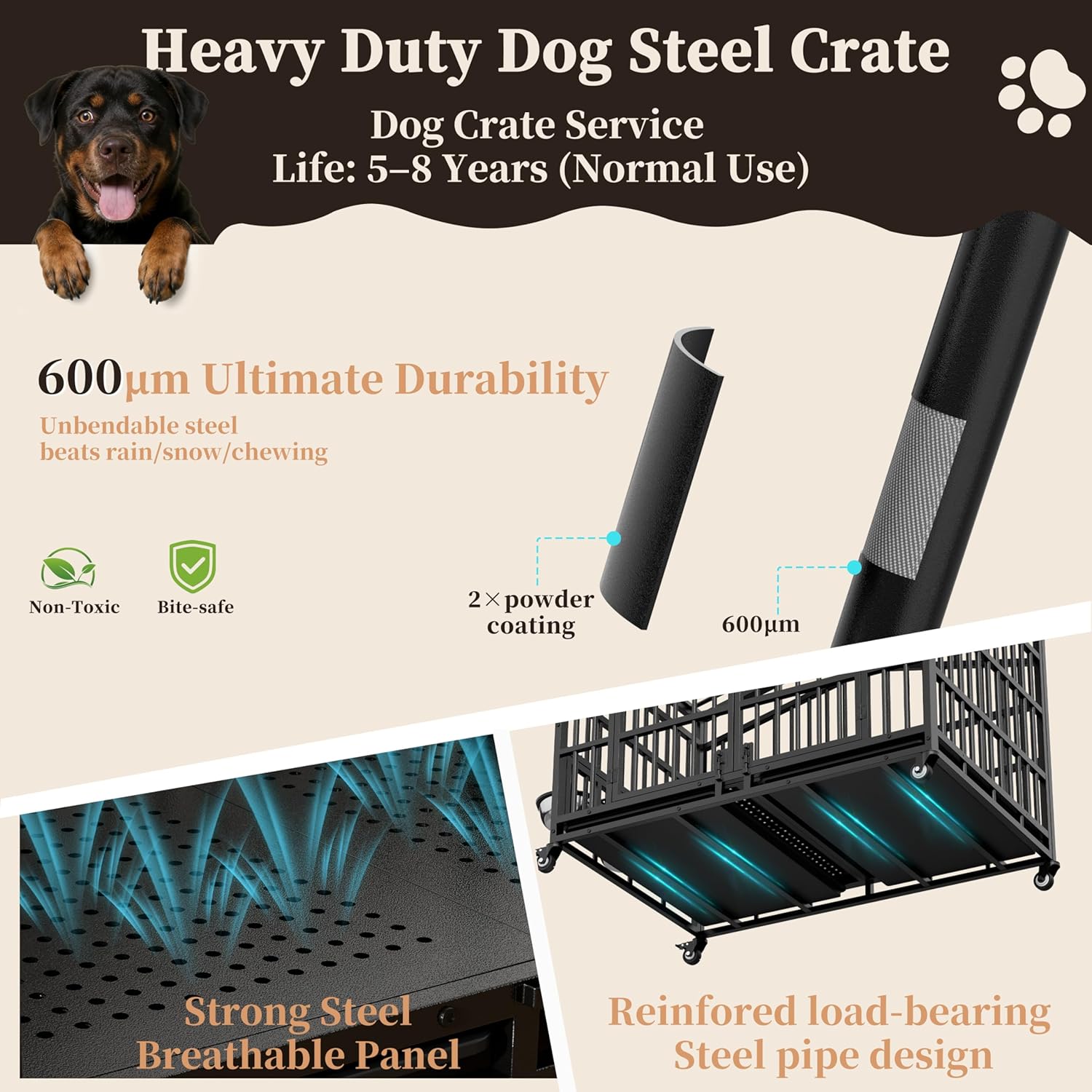 EasyCom 41 inch Heavy Duty Indestructible Dog Crate, Extra Large Metal Dog Kennel with 2 Adjustable Bowls, Open Top & Lockable Wheels, Escape Proof Indoor Cage for High Anxiety Large & Medium Breeds