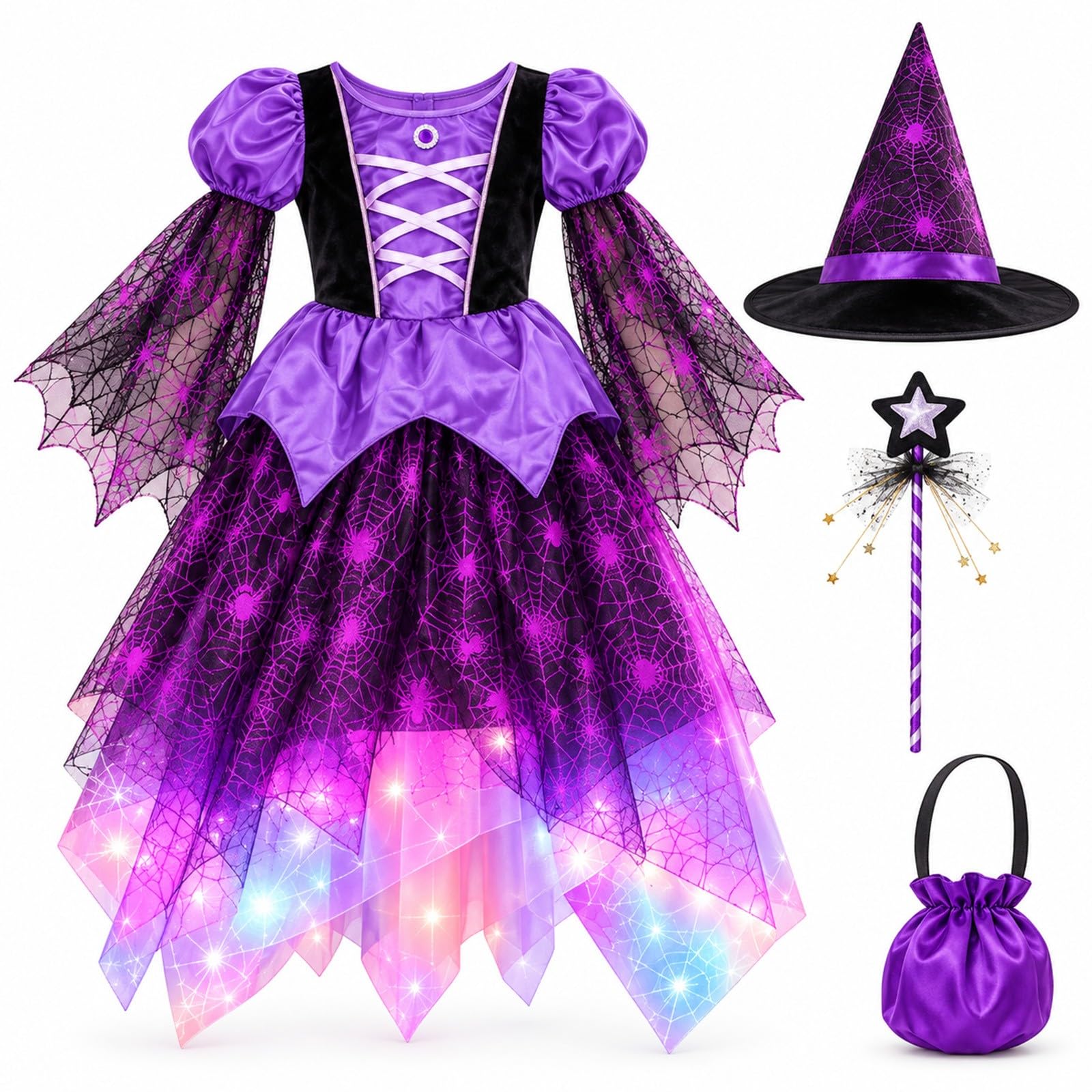 Halloween Witch Costume for Kids Girls Witches Dress Cosplay Witch Outfits with Hat Wand and Candy Bag — image 1