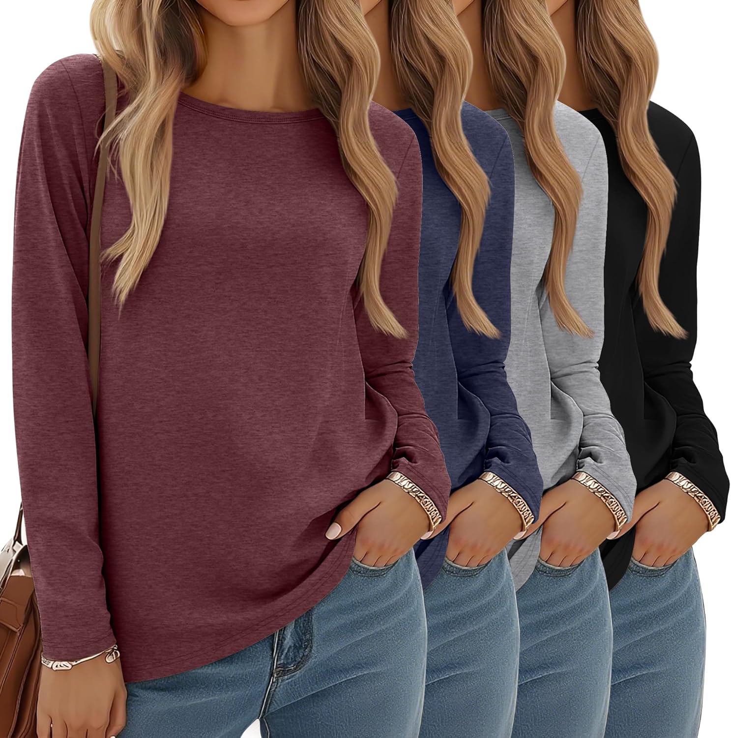 size l 4 pack women' long sleeve shirts tops casual loose fit crew neck basic tee fashionable workout layer fall outfit black, navy blue, wine red, gray large