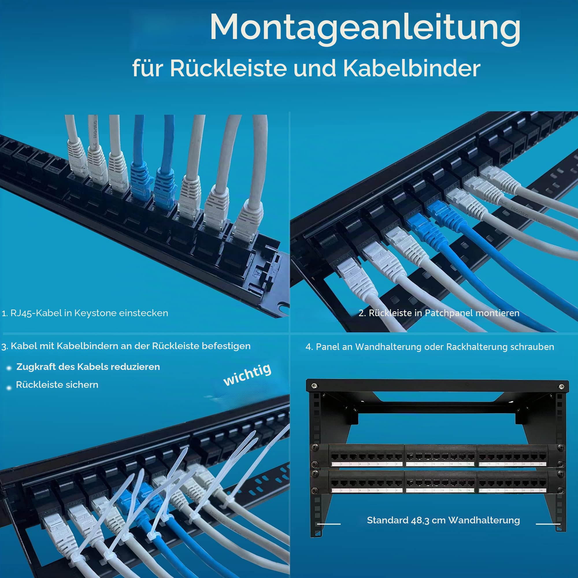 Rapink 24-Port-Cat6-Patchpanel mit Inline-Keystones, 10G Unterstützung, Pass-Through-Kuppler, UTP 19-Zoll-Patchpanel mit abnehmbarem Rückbügel, 1U-Netzwerkpanel für Cat6-, Cat5e- und Cat5-Kabel