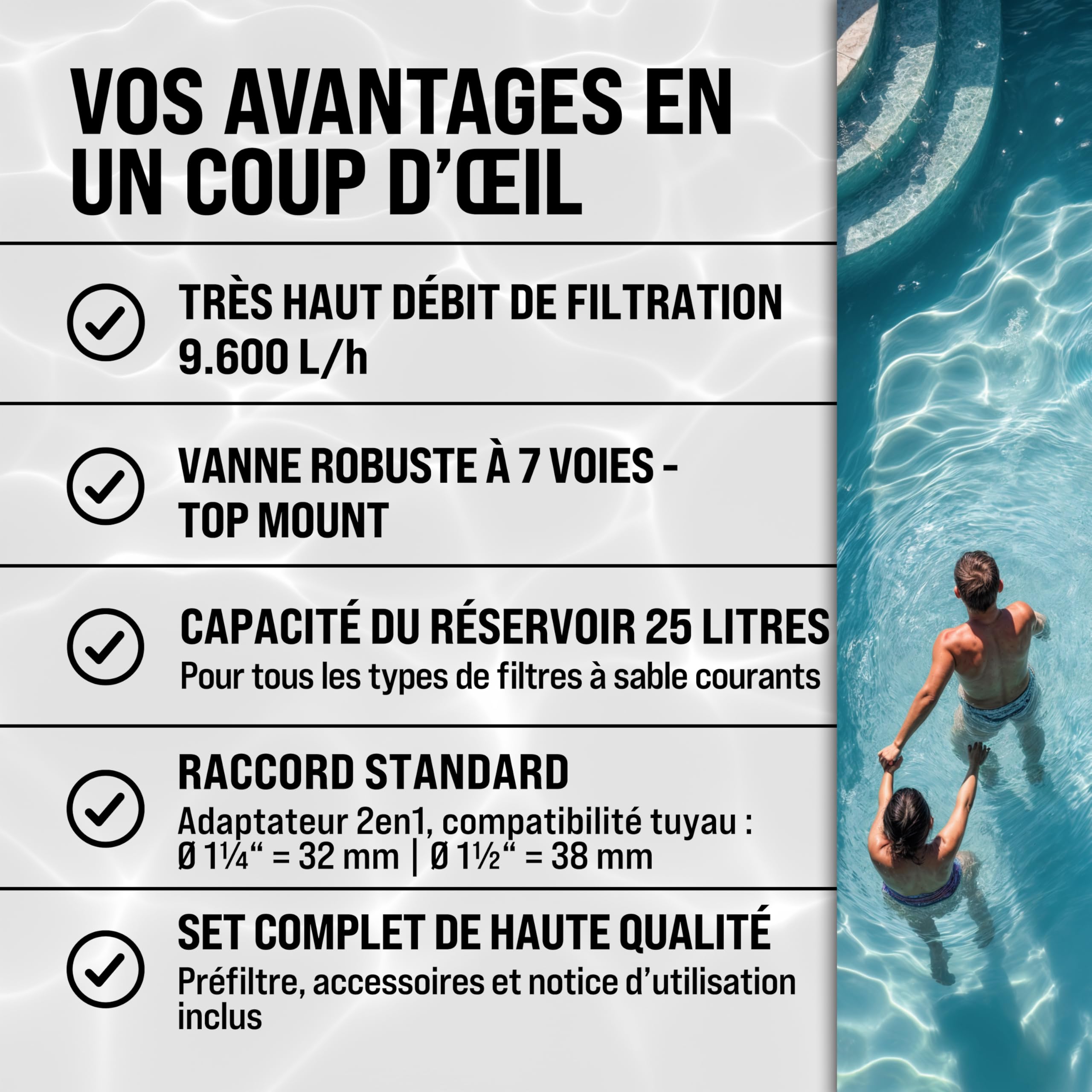 MONZANA® Pompe filtre à sable 9,6 m³ auto-amorçante pour piscines jusqu'à 30 m³ préfiltre vanne 7 voies raccord 2en1 Ø32-38mm système de filtration à sable