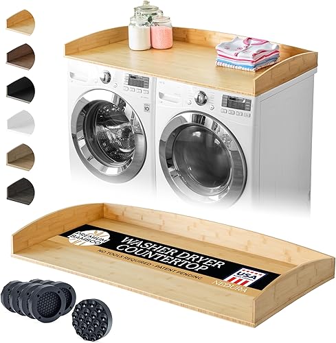 Nedura Encimera de lavadora y secadora para lavadora con almohadillas antivibración y rieles de borde curvo, encimera de lavandería de bambú, parte