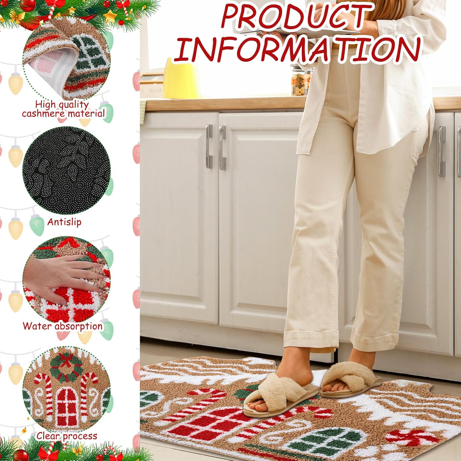 Gingerbread House Bathroom Mat Christmas Area Rug Non Slip Cute Gingerbread Bathroom Decoration Plush Microfiber Doormat Christmas Decor for Home Bedroom Shower Floor Living Room(Classic)