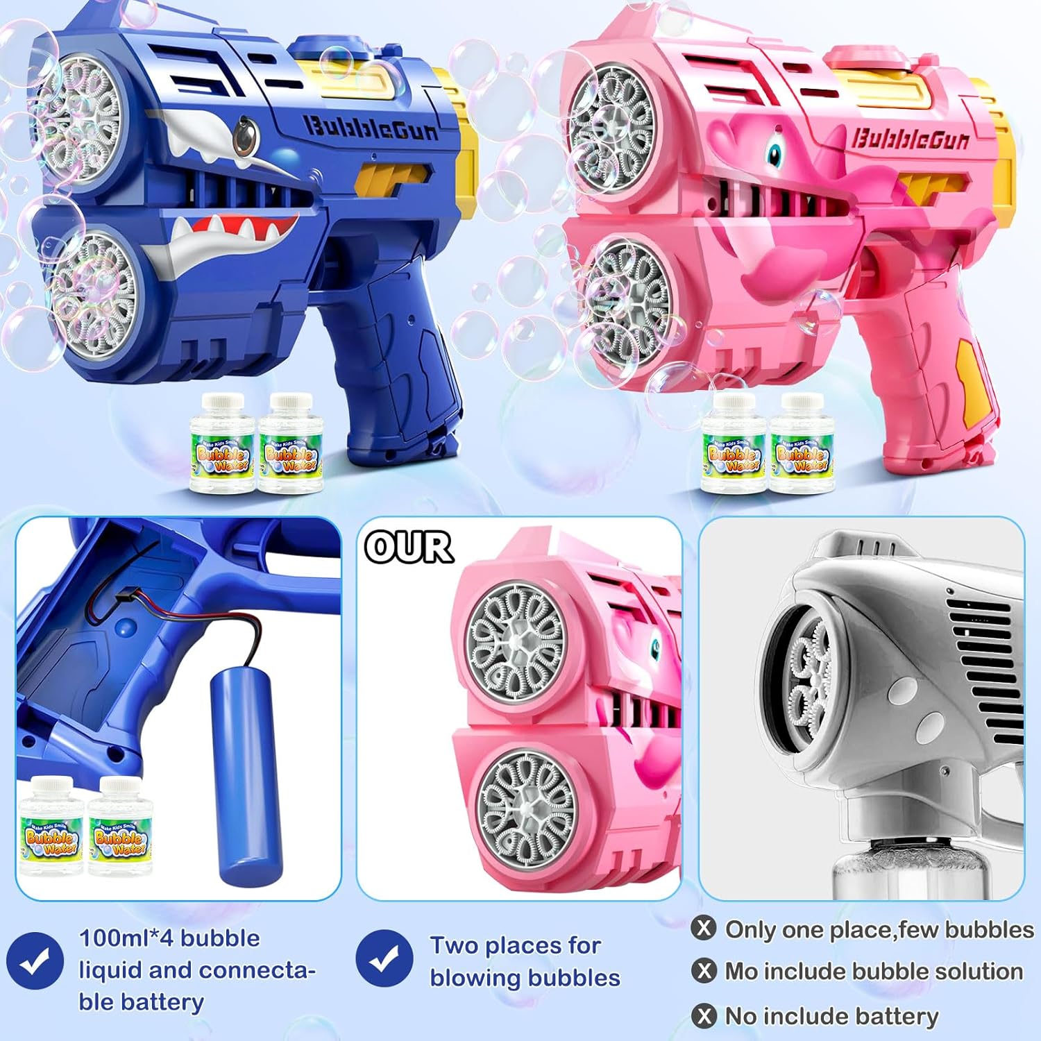 2 Pack Bubble Guns for Kids, LED Light Up Rechargeable Bubbles Machine Blower with 4 Bottles Refill Solution, Toddlers 4-8 Wedding Birthday Easter Party Gift