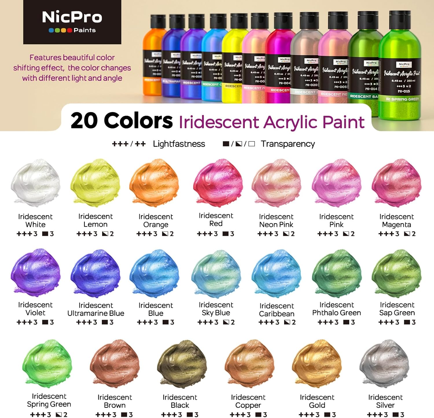 Nicpro 20 Colors Iridescent Acrylic Paint, 8.45oz / 250ml Large Bulk Metallic Acrylic Paint,Color Shifting & Non-Toxic Art Painting Supplies For Canvas Fabric Rock Wood with Paint Knife Color Wheel
