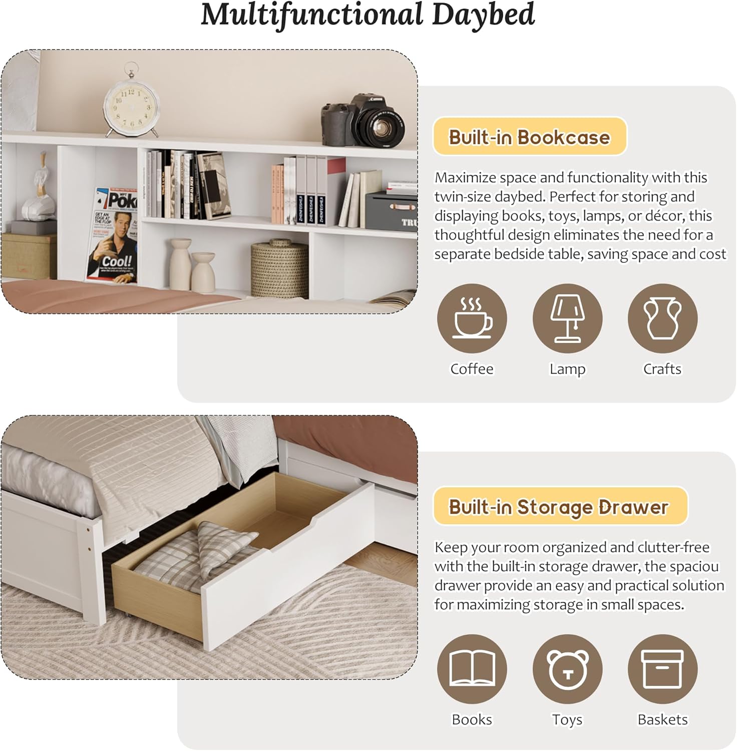 Linique Multi-Functional L-Shaped Twin Daybed with Bookcase, Under-Bed Trundle and Storage Drawer – Space-Saving 3-in-1 Corner Bed for Small Spaces (White)