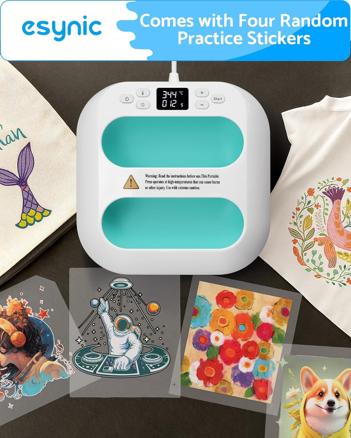 eSynic Hand held Heat Press Machine 9x9 Inch-Digital T-Shirt Press with Ceramic Heating Plate & LED Screen Timer- 110V/900W for DIY Crafts/T-Shirts/Tote Bags-Includes Safety Base & Practice Transfers