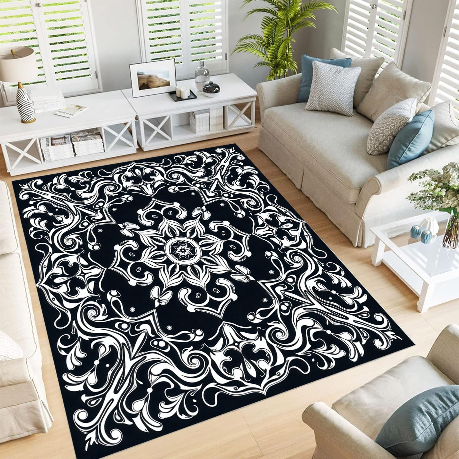 Tapis motif fleurs marocaines lavable au design mandala noir et blanc intemporel