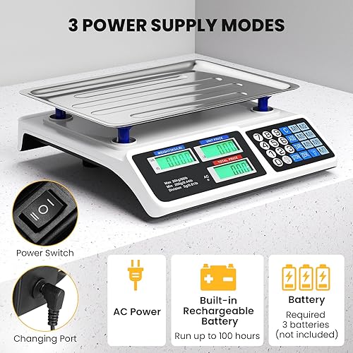 Miniatura 4 de Giantex Báscula de cálculo de precios 66 lb30 kg, báscula comercial recargable de alimentos con pantalla LCD doble, plataforma de acero inoxidable,