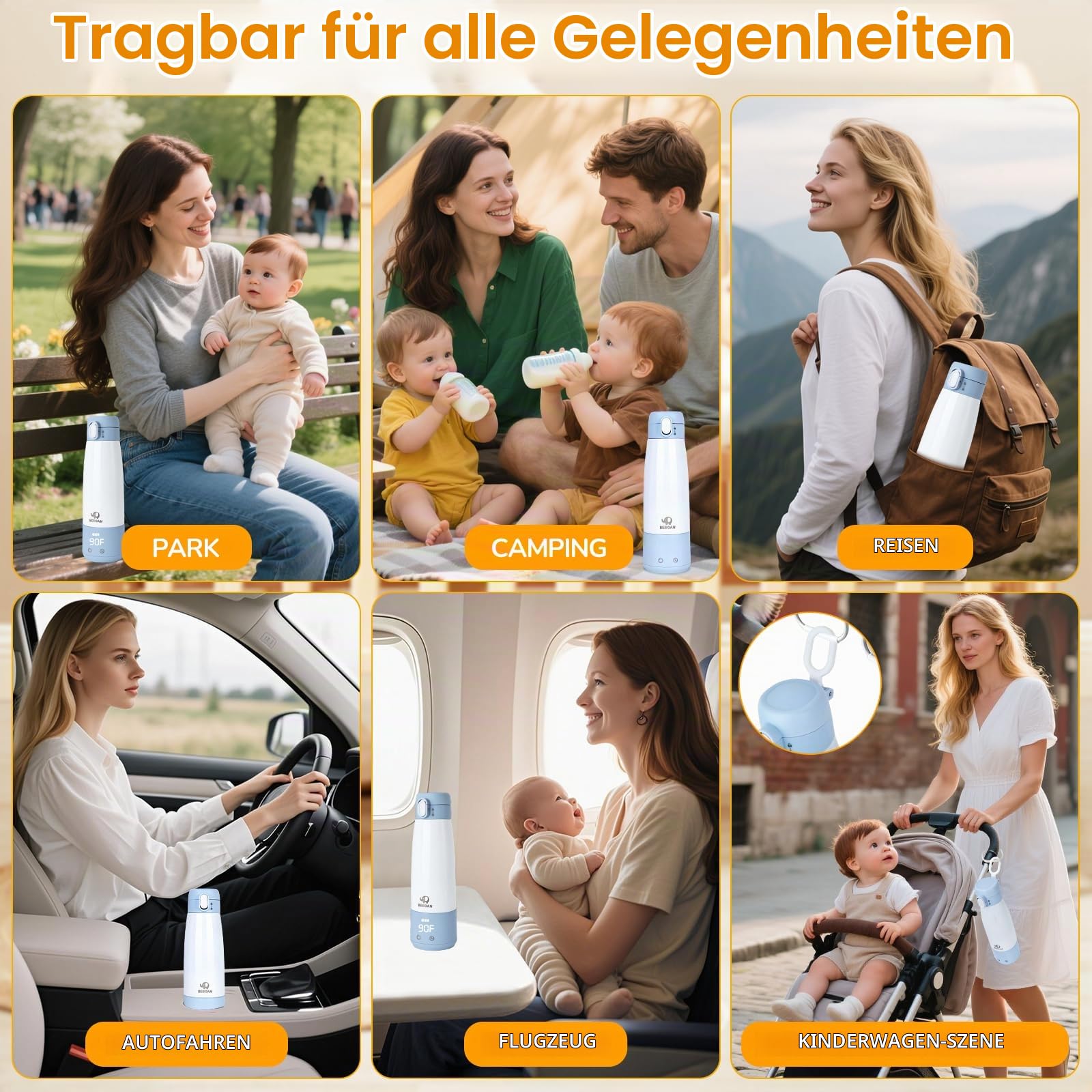 BEBOAN Tragbarer Milcherwärmer/Wasserwärmer für Unterwegs, Kabelloser Baby Muttermilch Wärmer flaschenwärmer, Intelligente Temperaturregelung mit 5 Stufen & Kindersicherung, 350ml Große Kapazität
