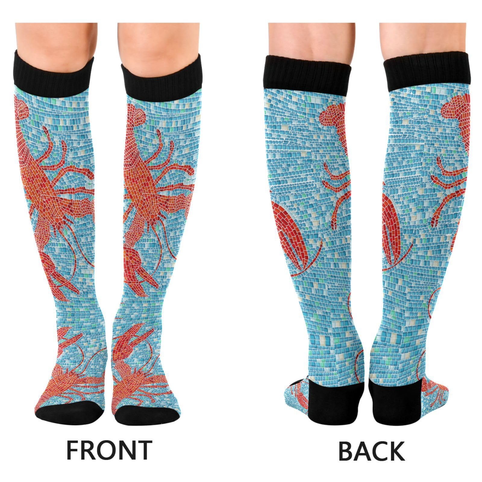 2 Pairs Unisex Compression Crew Knee Soft Circulation Socks High Sock Long Athletic for Running,Travel,Cycling Print Red Lobster On Turquoise Mosaic Check