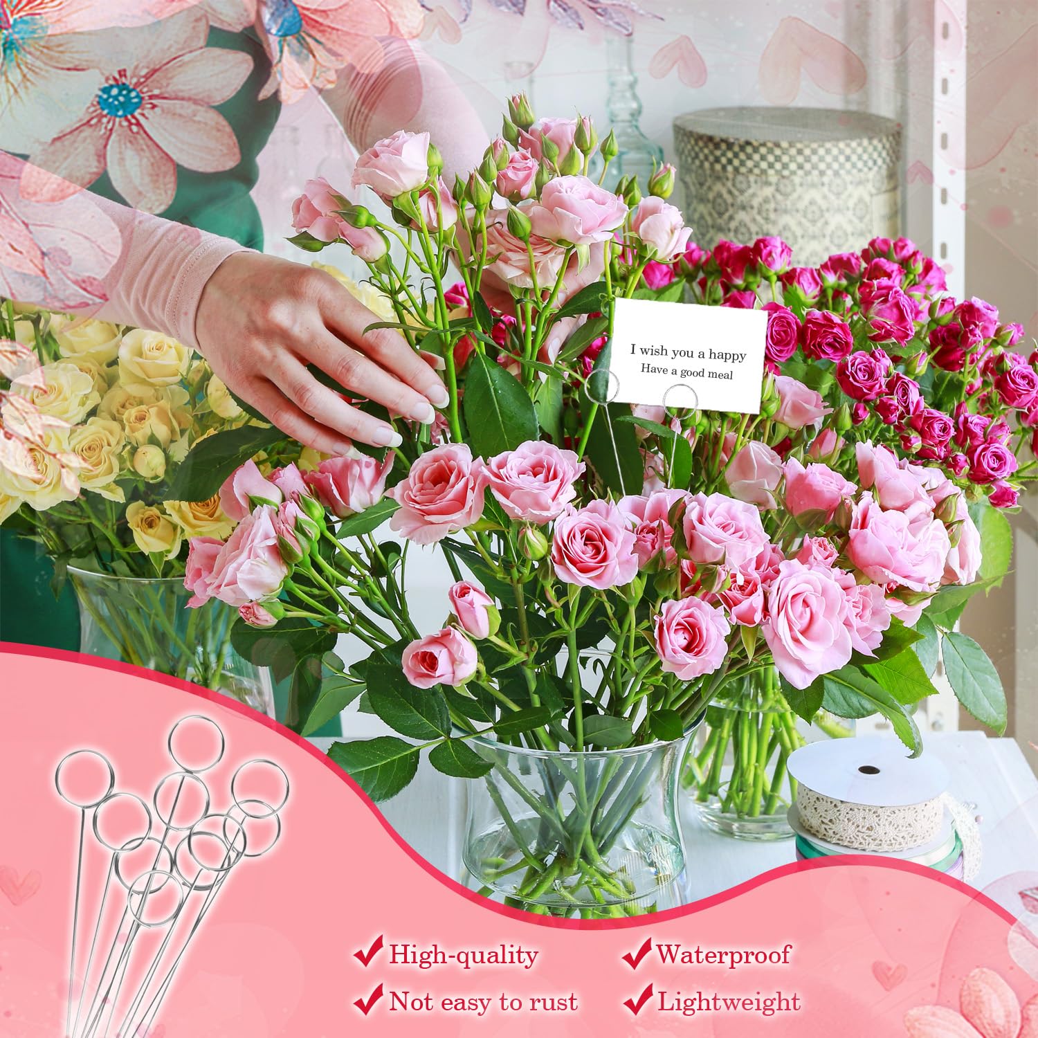30 Stück Tischkartenhalter mit Blumenmuster, 33 cm, florales Kartenhalter, Metalldraht, Foto-Notizhalter, runder Blumen-Gastgeschenkkartenhalter für Hochzeit, Party, Kuchen (Silber, ​ 30 Karten)