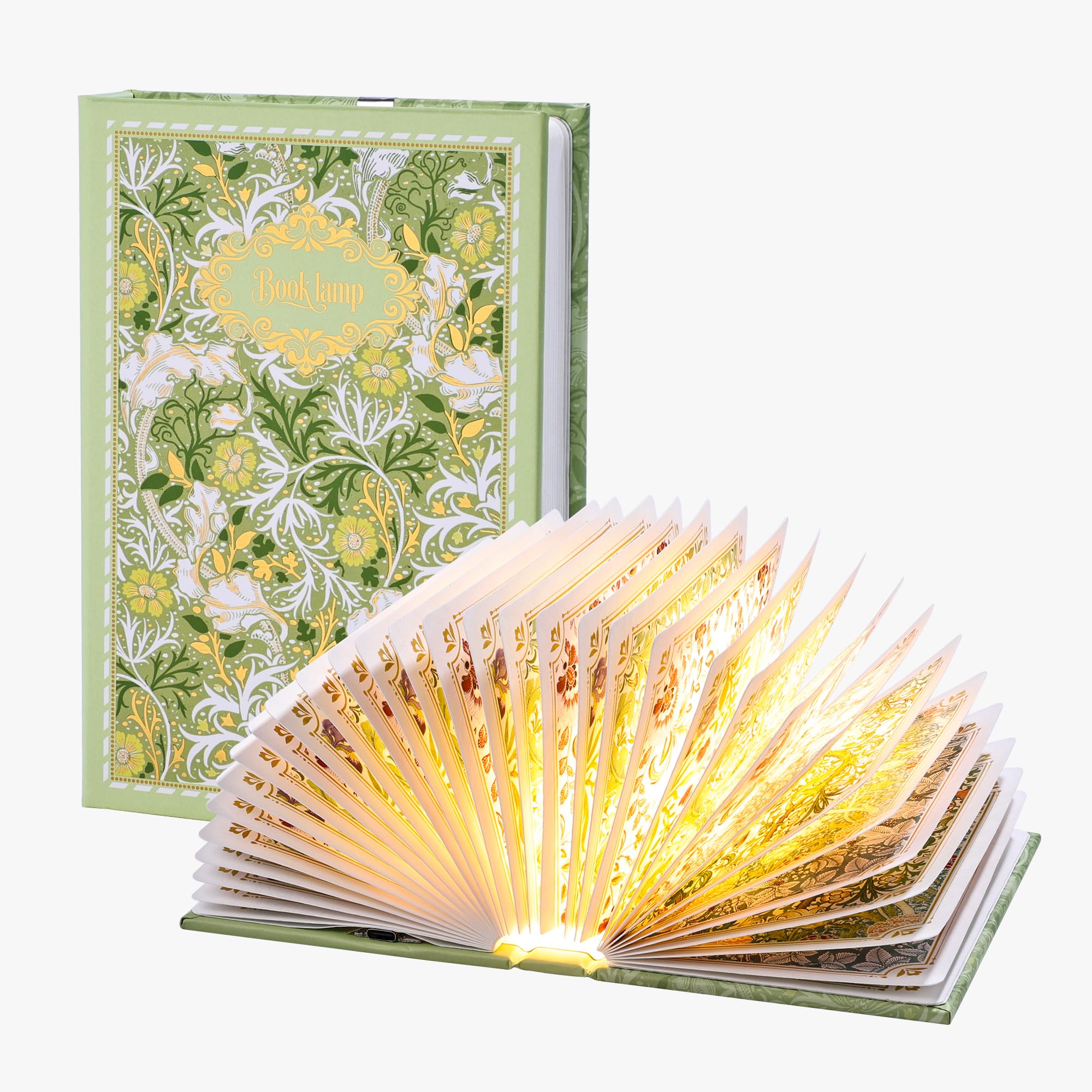 Ba suns Gilded Book Lamp, Ideal Gift for Book Lovers, Rechargeable Portable Touch Control Book Light with Vivid Flower Printed Pages, 360° Foldable, Stylish Decor for Home/Library/Bookshelf (Green)