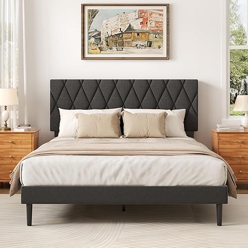Miniatura 3 de Base de cama tamaño Queen con cabecera capitonada de diamante, cama con plataforma tapizada de lino y soporte de listones de madera, sin ruido, no